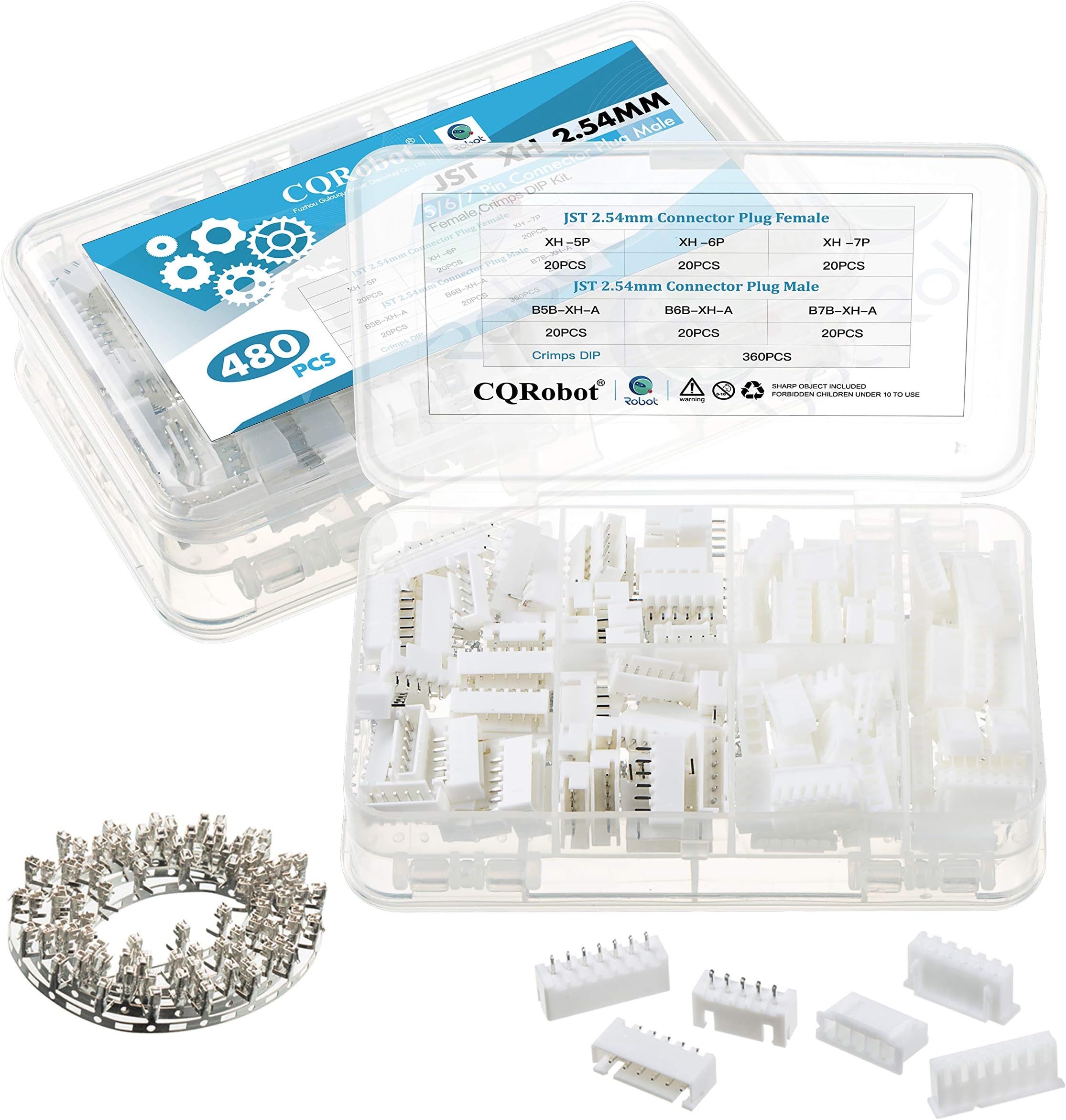 CQRobot 480 Pieces 2.54mm JST-XHR JST Connector Kit. 2.54mm Pitch Female Pin Header, JST XH - 5/6/7 Pin Housing JST Adapter Cable Connector Socket Male and Female, Crimp DIP Kit.