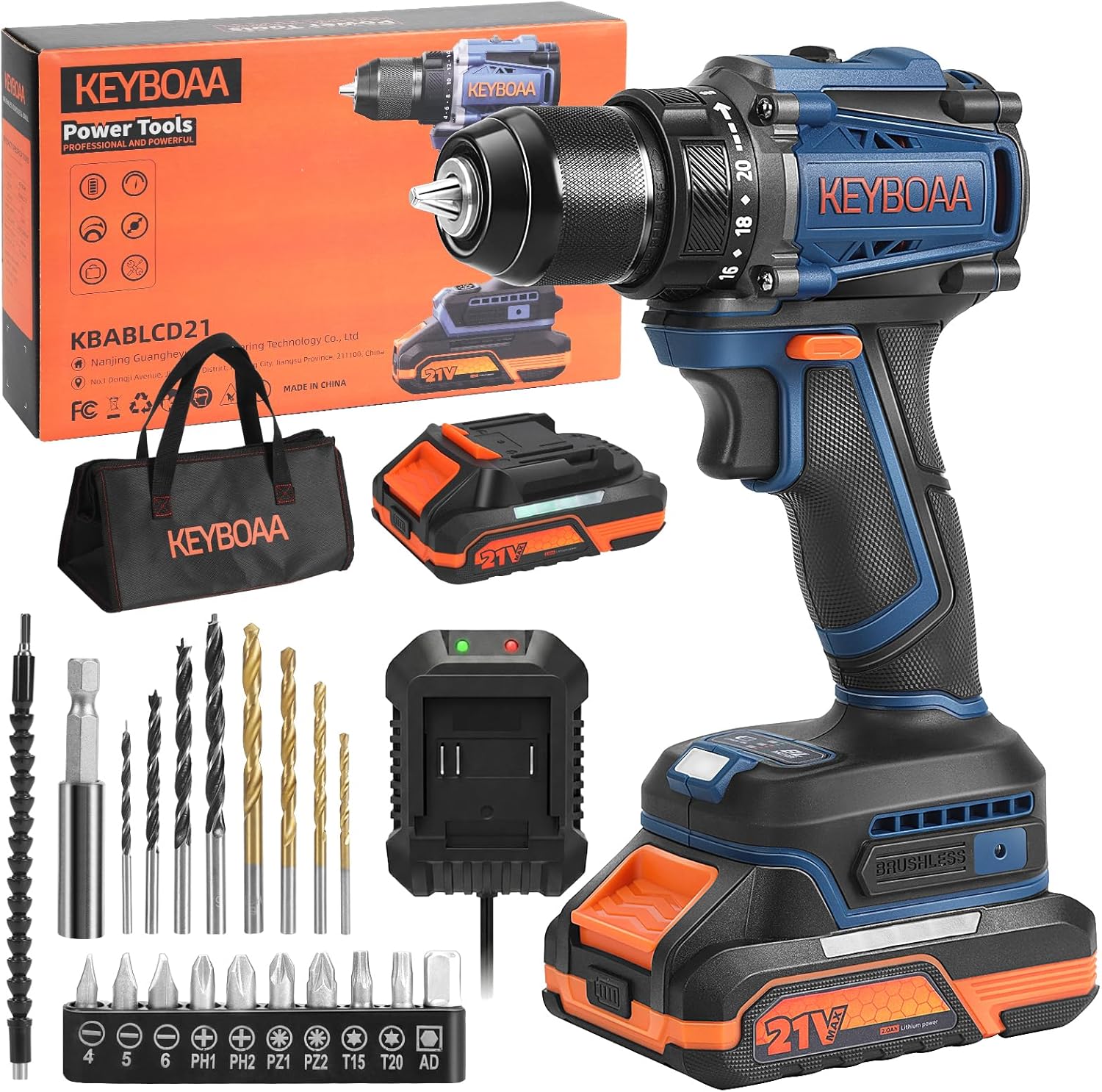 Taladro Atornillador Inalámbrico KEYBOAA 21V con 2 Baterías, 75Nm