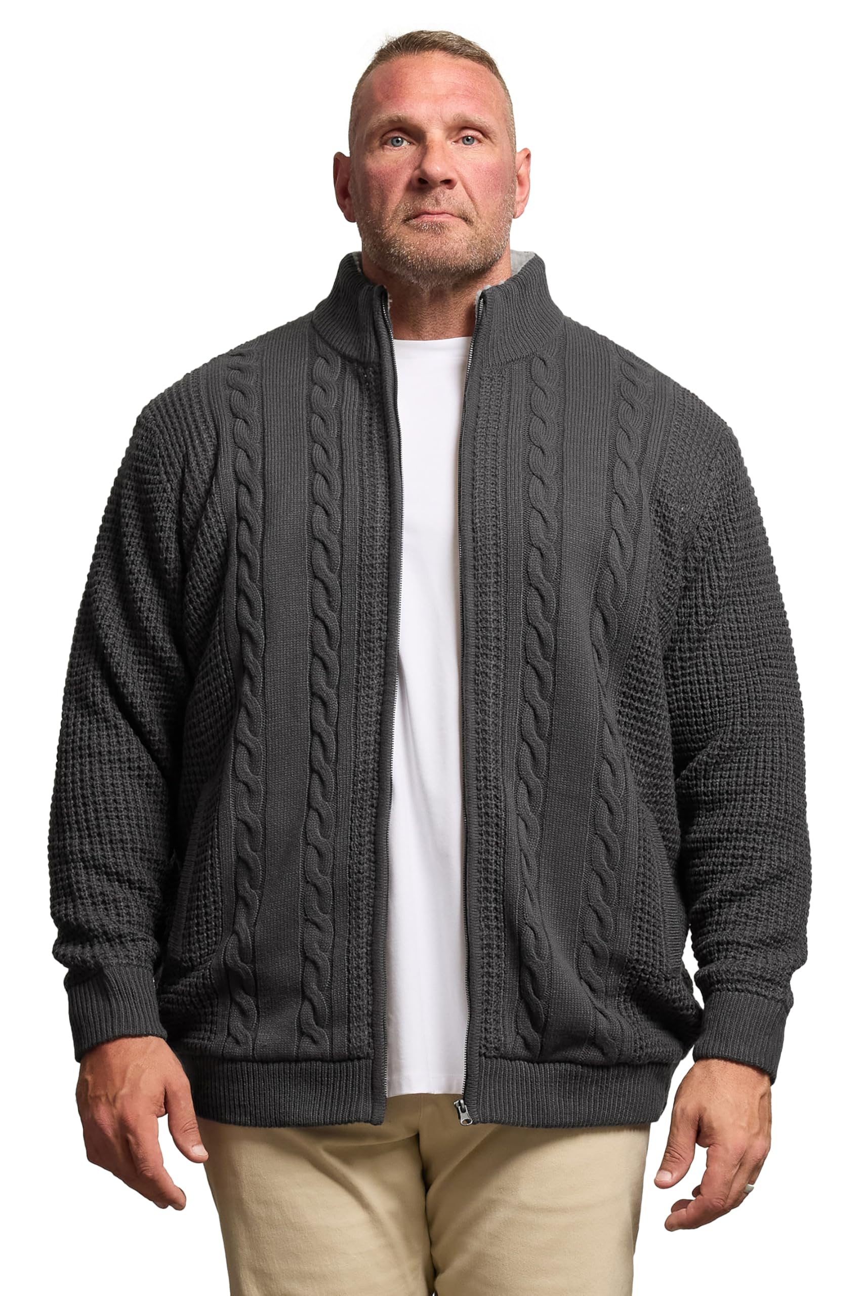 BadRhino Big & Tall Grey Sherpa Lined Zip Through Cable Jumper - Men's - Plus Size Curve