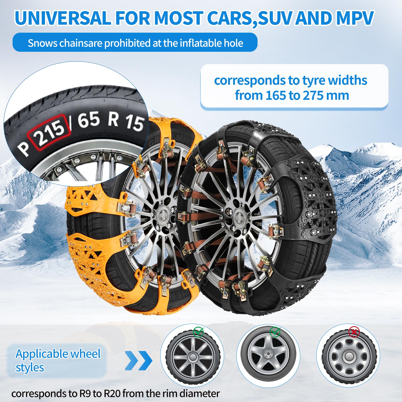 DBREAKS Catene da Neve Universali, 6 Pezzi Catene per di Emergenza, 165-275MM Catene da Neve Auto per Ghiaccio(Nero)