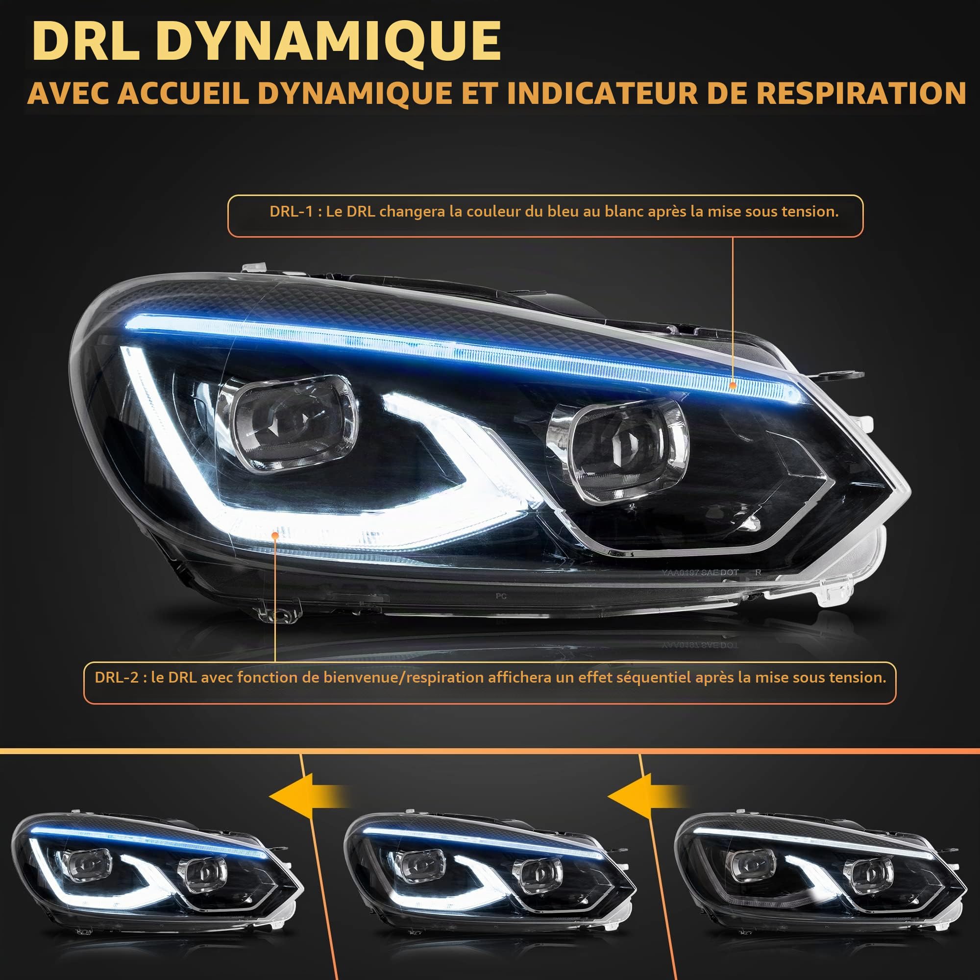 VLAND Phare LED pour Golf 6 Golf VI TSI 2008-2013 [Uniquement pour halogène], avec animation dynamique, ampoules non incluses
