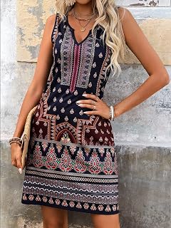 Women's Boho Sleeveless Dress, Multi Colored Pattern Matching, Knee Length with Ethnic Pattern