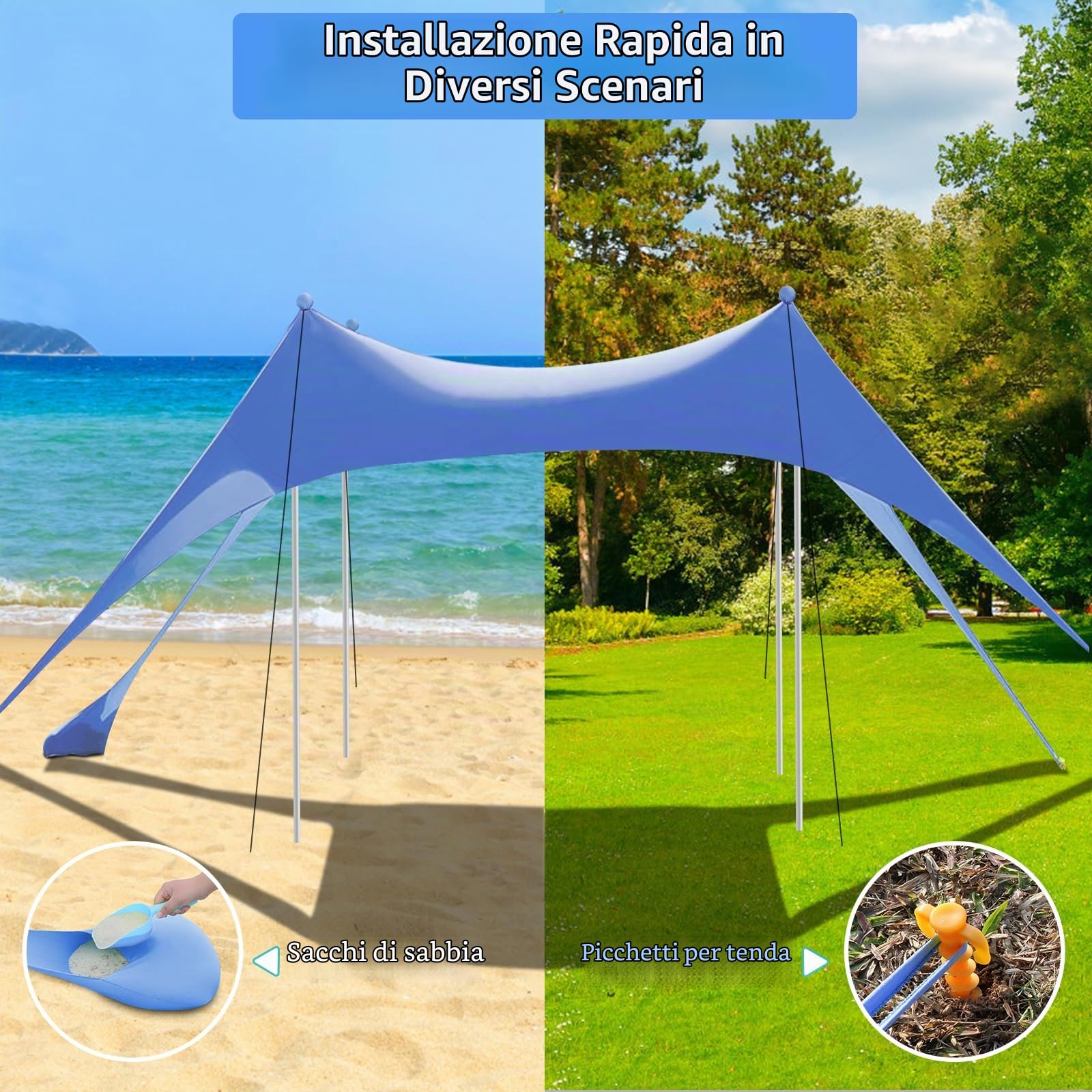 Tenda da spiaggia, tenda da sole da spiaggia, 3 × 3 m, SPF 50+, con pala di sabbia, picchetti e barre di stabilità, protezione dal vento, protezione solare per esterni, campeggio, pesca