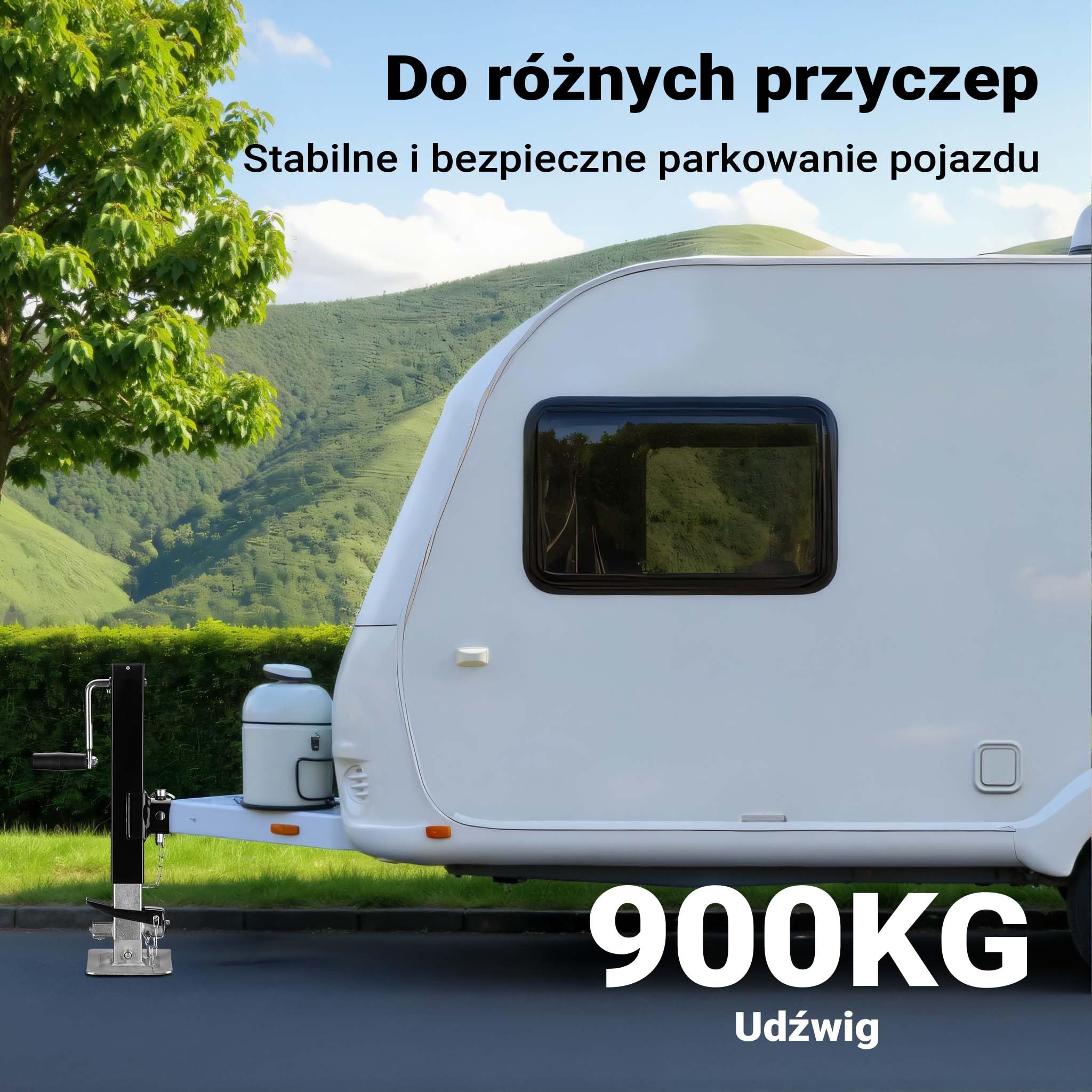 Wiltec Podpora o nośności do 900 kg z korbą boczną do regulacji wysokości i uchwytem na rurę, postojowa do przyczepy kempingowej