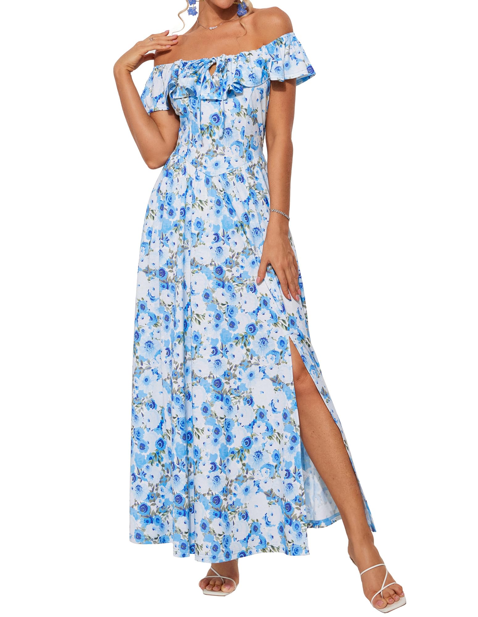 GRACE KARIN Abito Estivo da Donna Lungo con Spalle Scoperte, Volant, Spacco, Boho, Floreale, Elegante, da Spiaggia, per invitati a Nozze, con Tasche