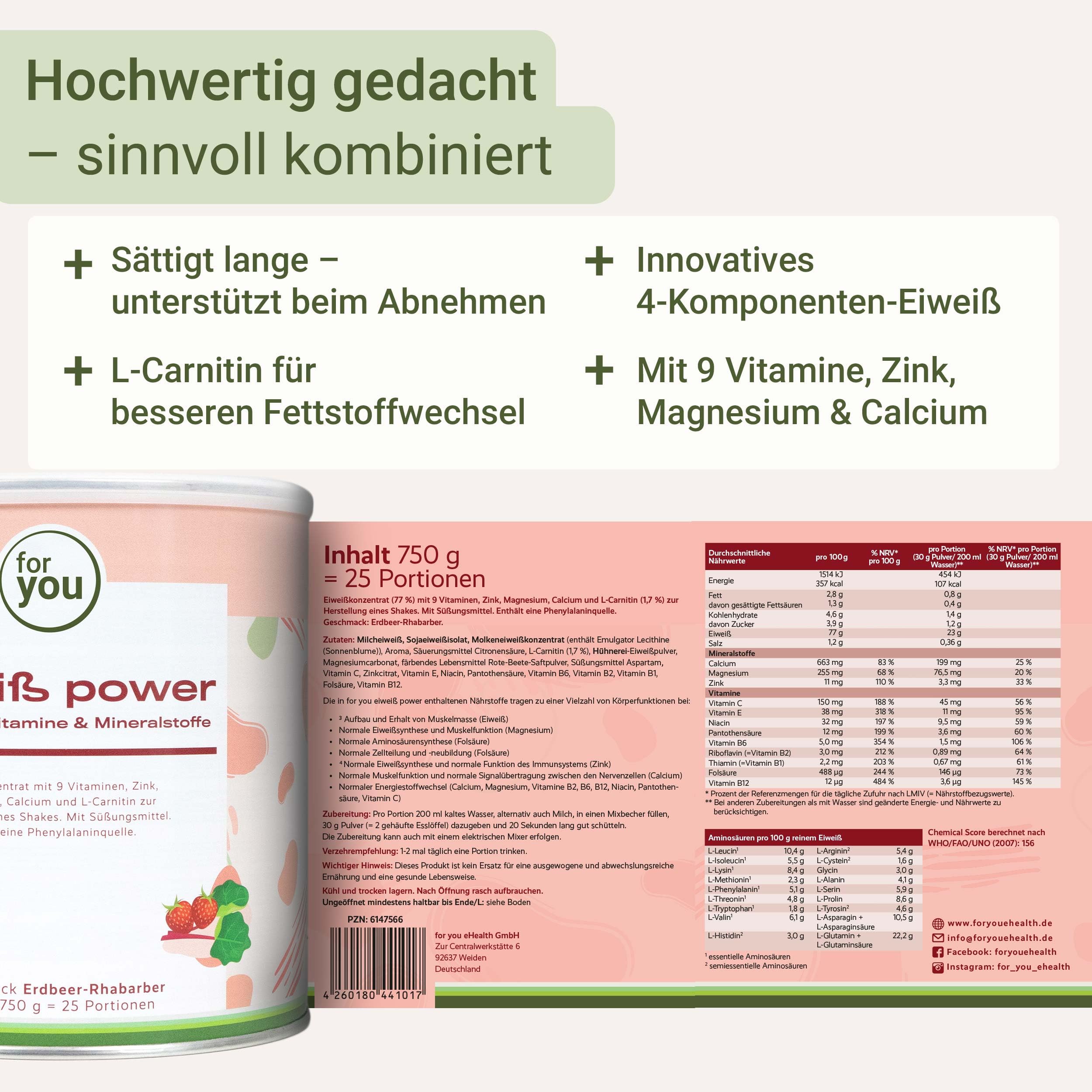 for you Power Eiweiß Erdbeer-Rhabarber 750 g + Gratis Shaker – Mehrkomponenten Eiweißpulver nach Dr. Strunz mit L-Carnitin, Vitaminen & Mineralstoffen | Muskelaufbau & Regeneration | Sehr gut löslich