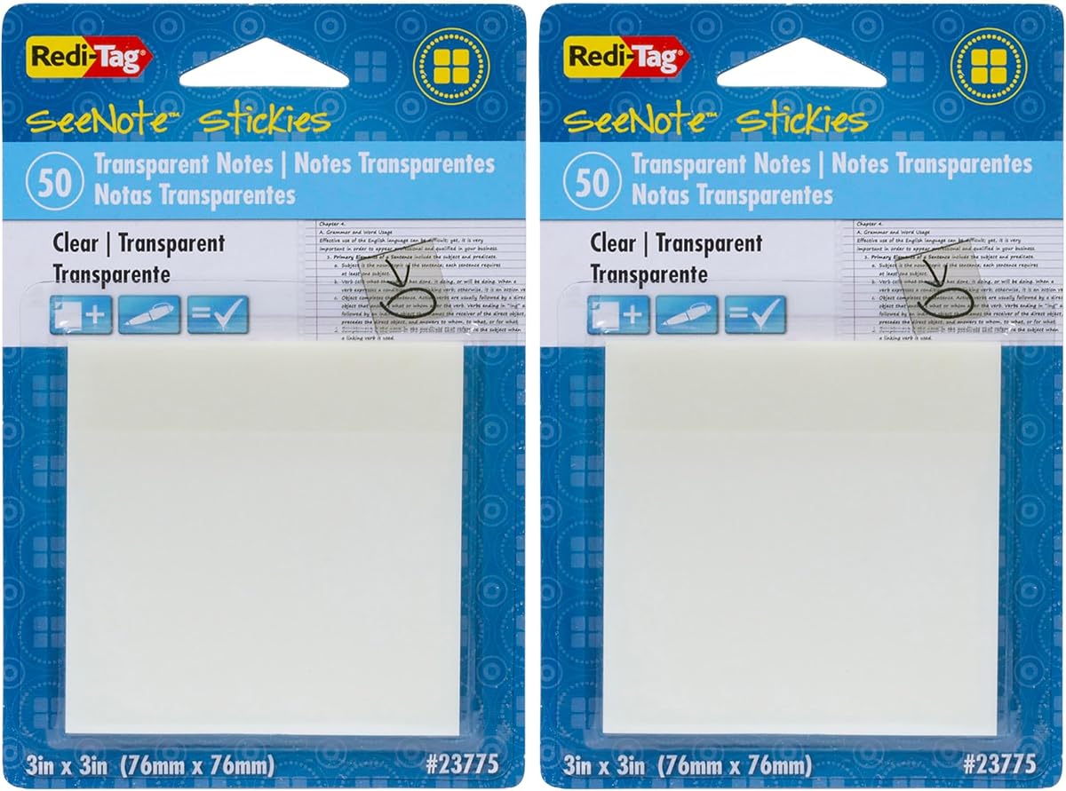 Redi-Tag SeeNote Stickies Notas adhesivas transparentes, paquete de 100, 3 x 3 pulgadas, transparente (23775)