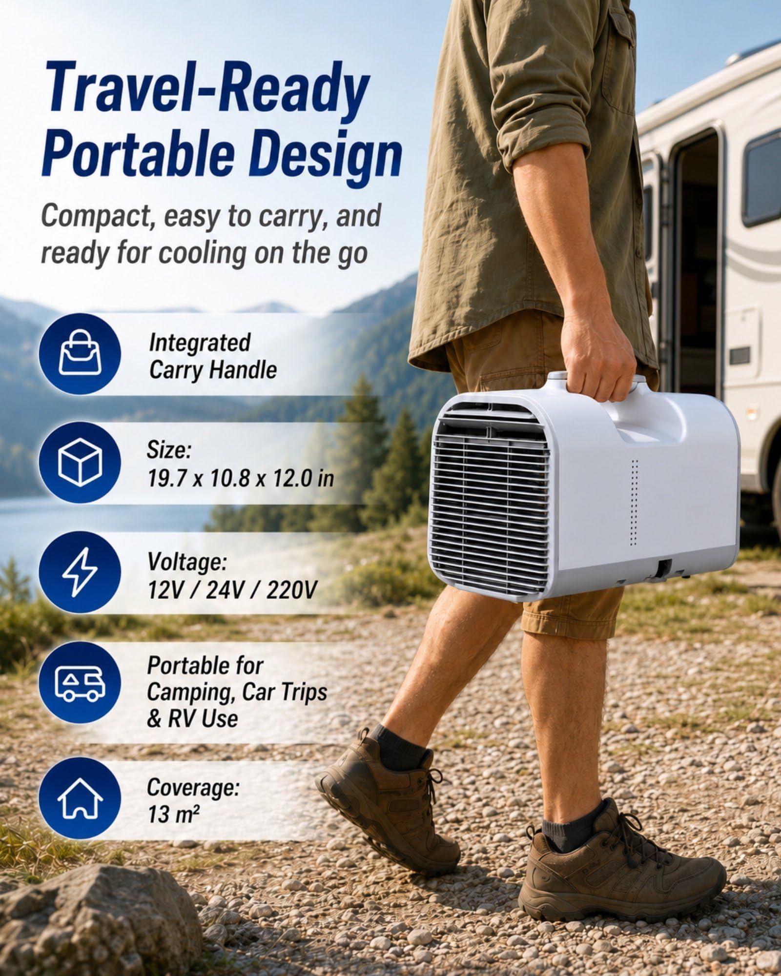 Climatizador con Tubo de Evacuación 1400W/5000BTU | Potencia Nominal 600W, Panel Táctil para Tiendas, Autocaravanas, Caravanas, Oficinas