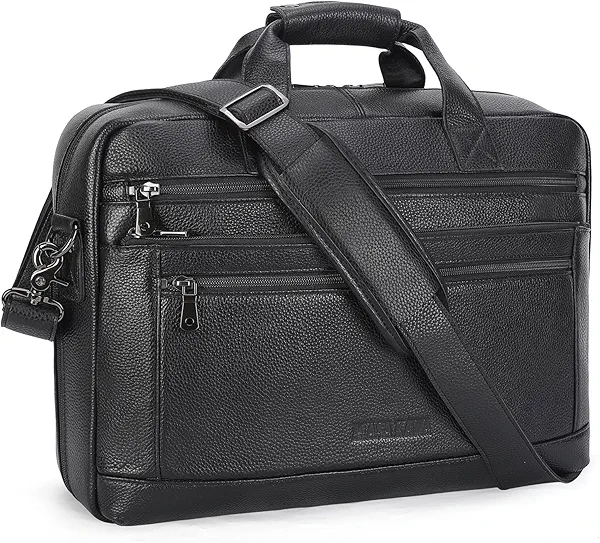 Masa Kawa Men’s Leather Briefcase for 16" Laptop Waterproof Crossbody Shoulder Messenger Bag Computer Attache Case for Business Travel Work, Black
