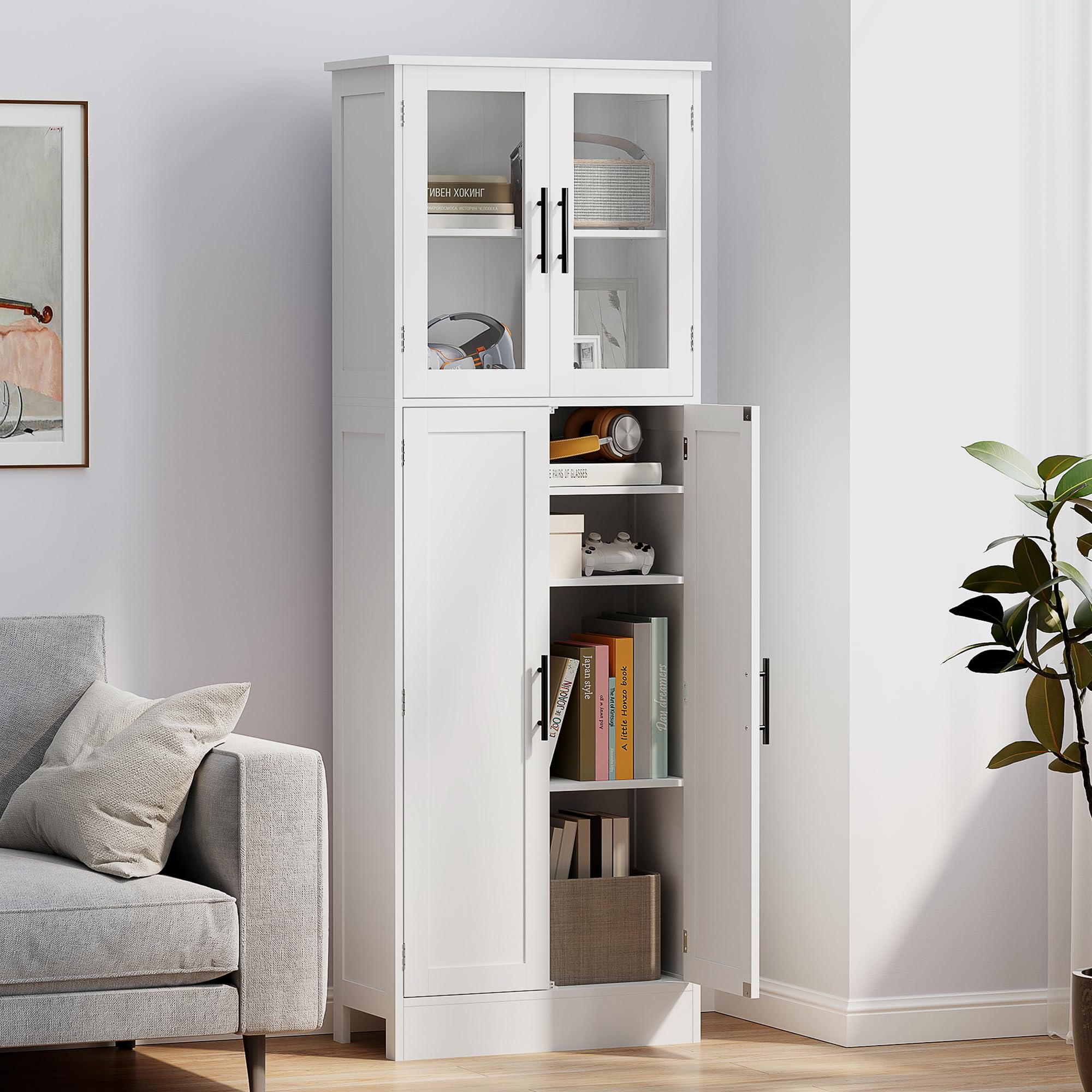 HOMCOM Mobile Bagno Alto con Ante in Vetro e 2 Armadietti, Mobiletto Bagno Salvaspazio con Ripiani Regolabili, Armadio da Terra per Sala da Pranzo Salotto Soggiorno Cucina, 60x30x170 cm, Bianco