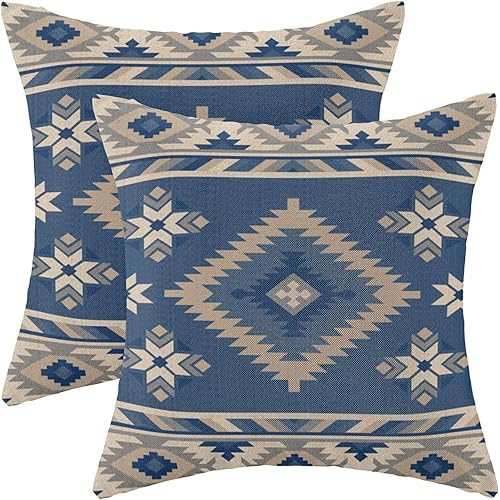 Miniatura 8 de CXMEIFLY Juego de 2 fundas de almohada estilo azteca bohemio de 18 x 18 pulgadas, color verde azulado y beige, decoración geométrica del suroeste