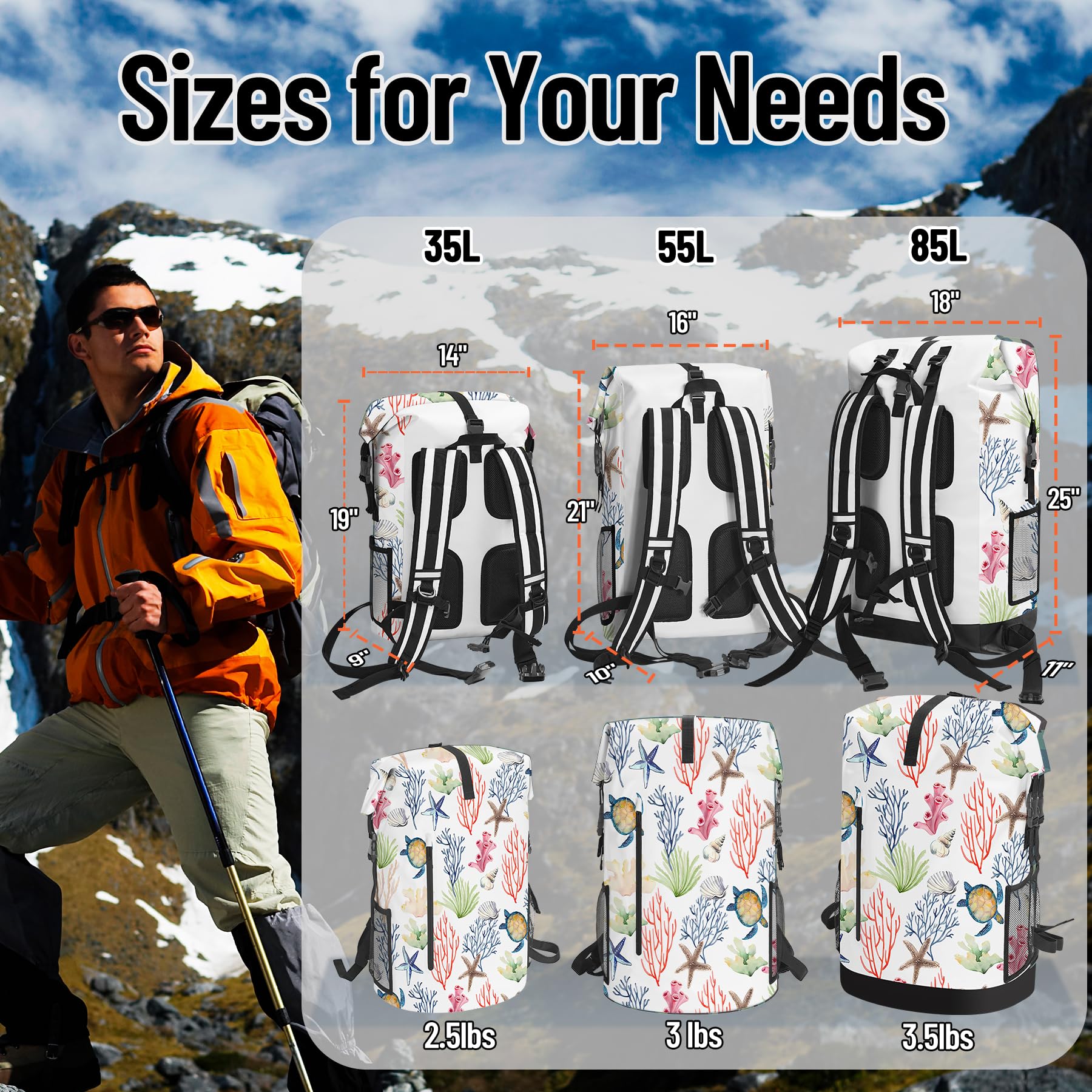 Bolsa seca impermeable resistente para kayak, senderismo, tortuga marina, coral, náutica, estrella de mar, mochila con cierre enrollable, funda impermeable para teléfono 35L/55L/85L