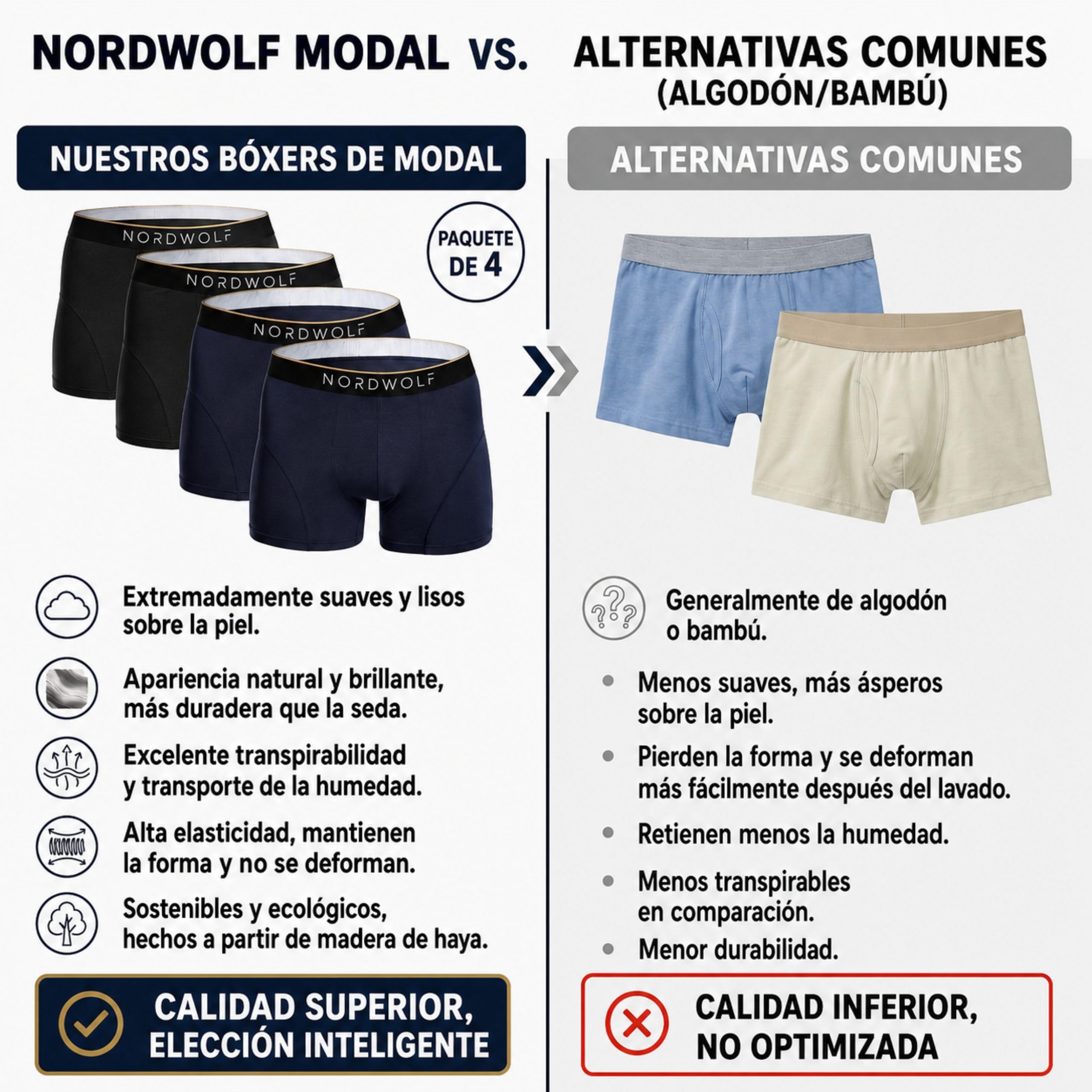 NordWolf Calzoncillos Hombre Boxer Cómodo, Tejido Modal Extra Suave y Resistente, Boxer Hombre Pack x4, Ropa Interior Transpirable, Libertad de Movimiento.