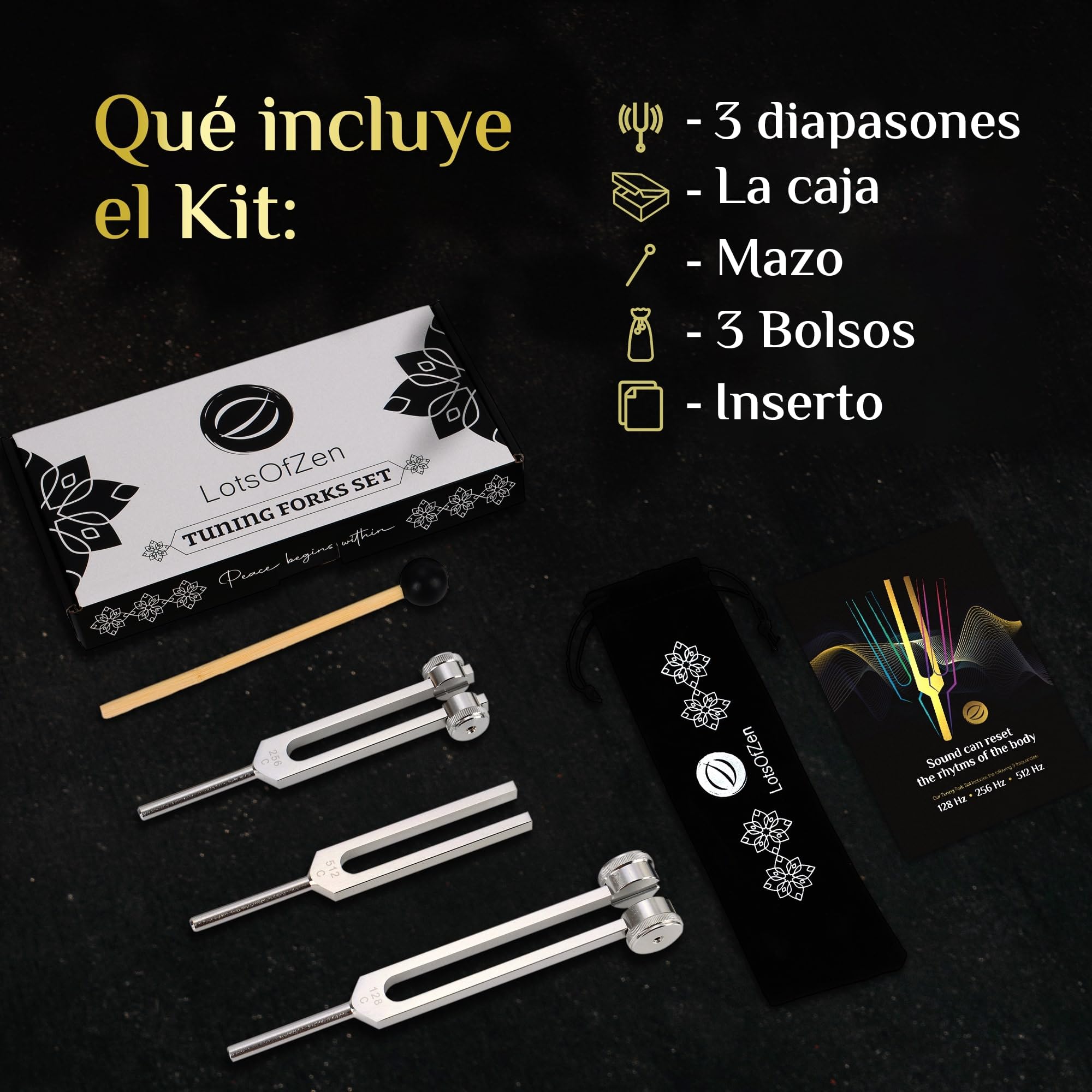 LOTS OF ZEN Diapasones Sanadores (128Hz, 256Hz, 512Hz) – Set de Diapasones Médicos con Peso para Sanar Chakras – Accesorios de Yoga y Meditación – Set de Diapasones con Frecuencias Sanadoras