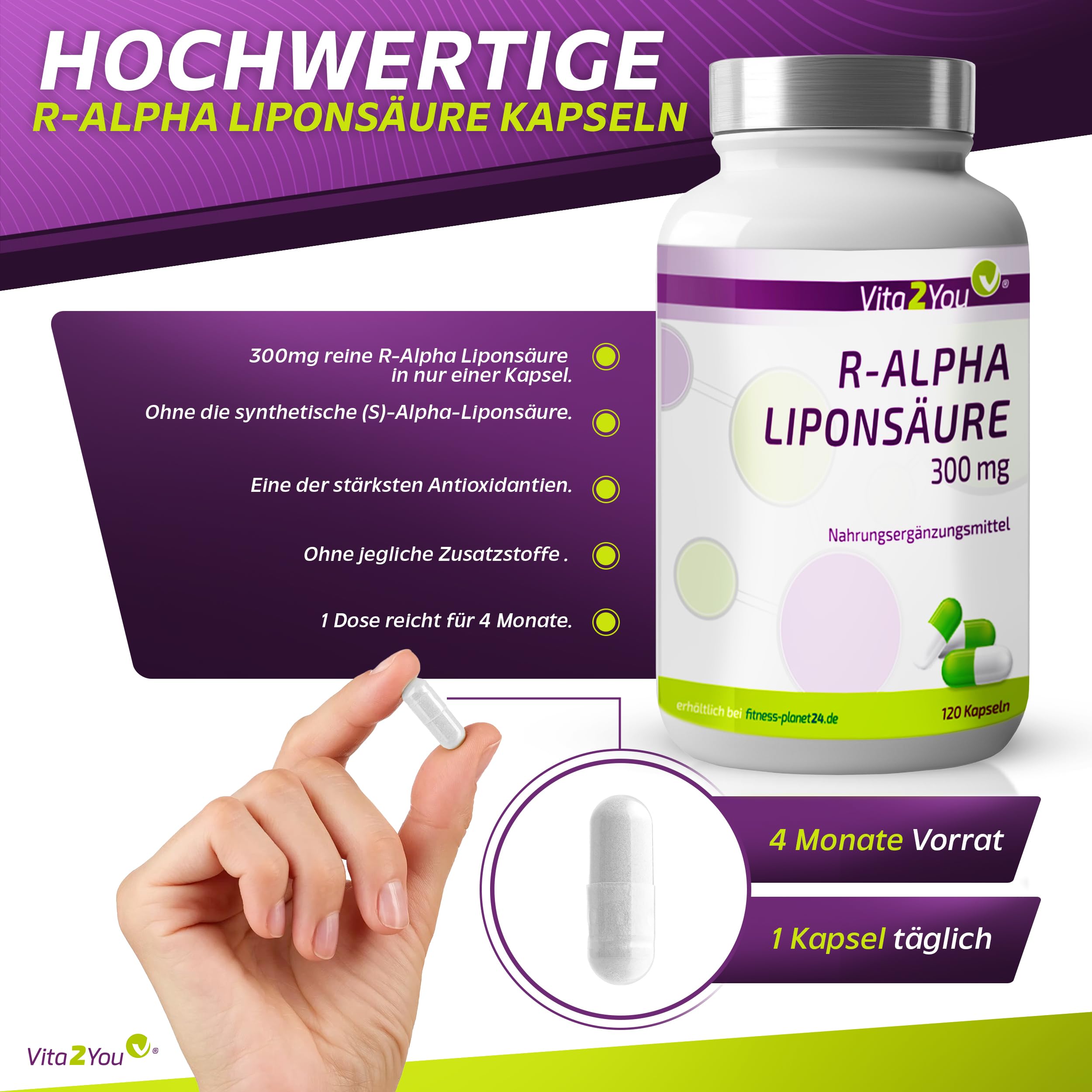 Vita2You R - Alpha Liponsäure 300mg - 120 Kapseln - Hohe Bioverfügbarkeit durch R-Form - Hochdosiert - Vegan - Premium Qualität