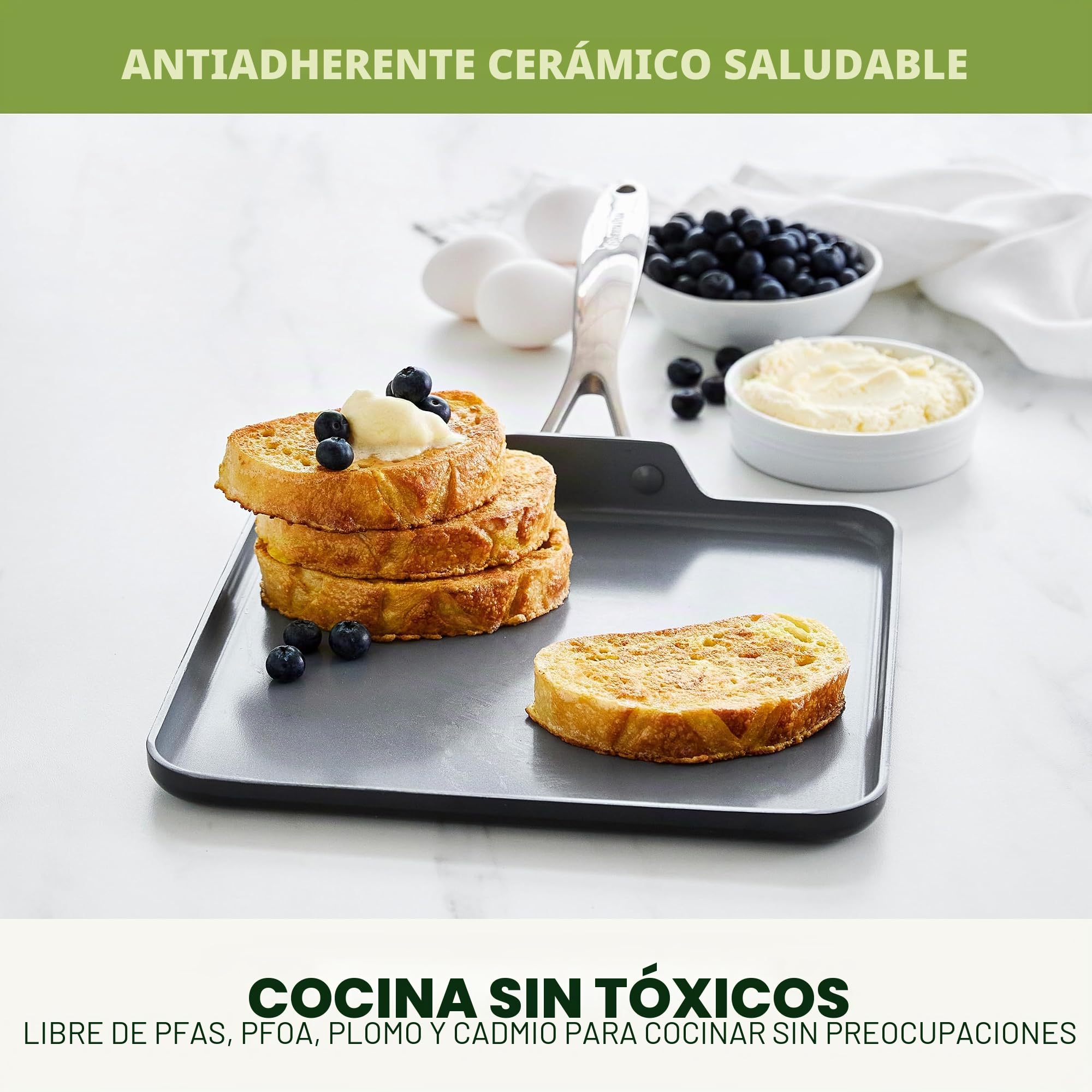 GreenPan Valencia Pro Sartén cuadrada 28 cm antiadherente cerámica anodizada dura, sin PFAS, inducción, apta para lavavajillas, apta para horno, gris