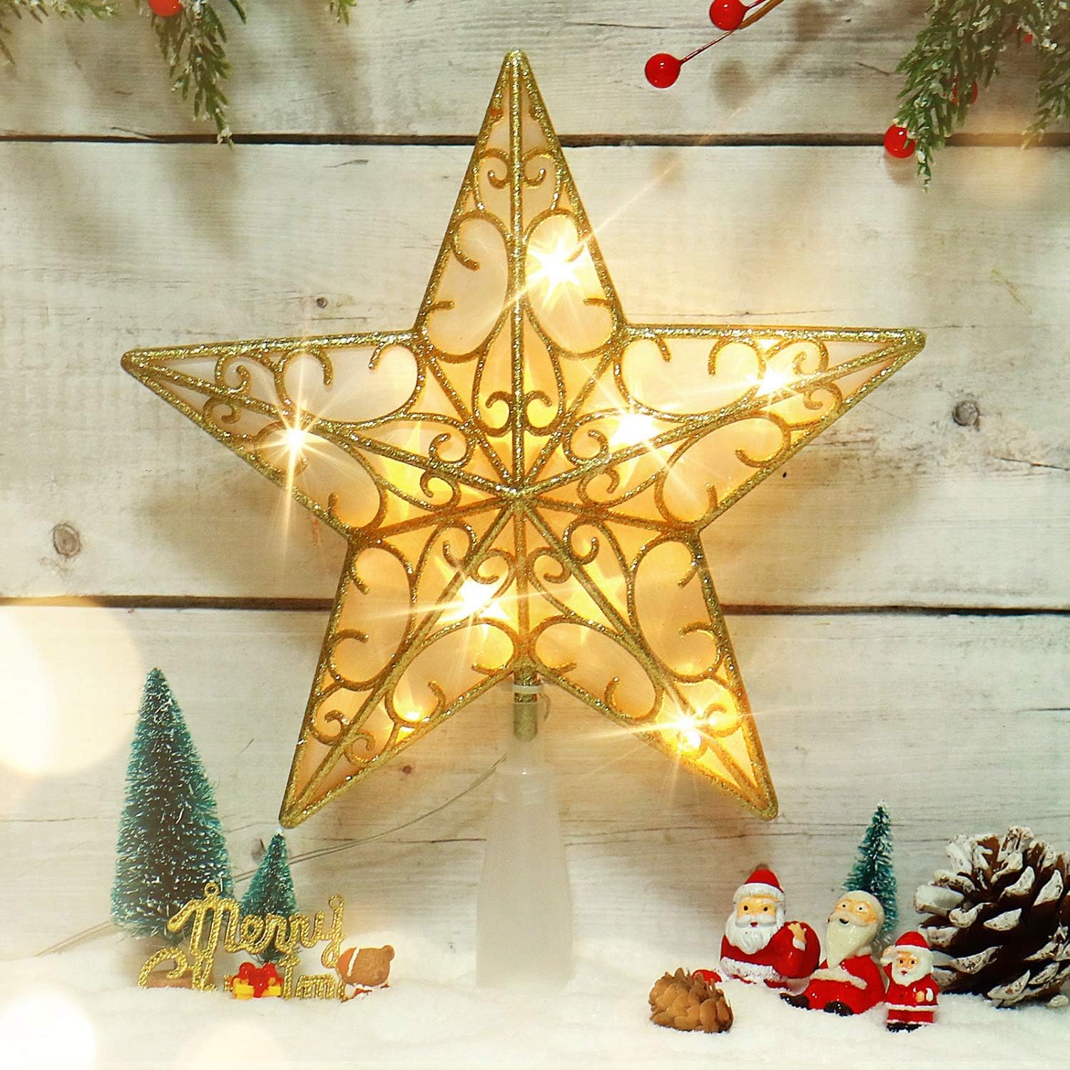 Rocinha Gold Christmas Tree Topper Star Lighted Tree Star Glitter Christmas Star Tree Topper with Warm White LED Lights, 9 Inch Star for Christmas Tree