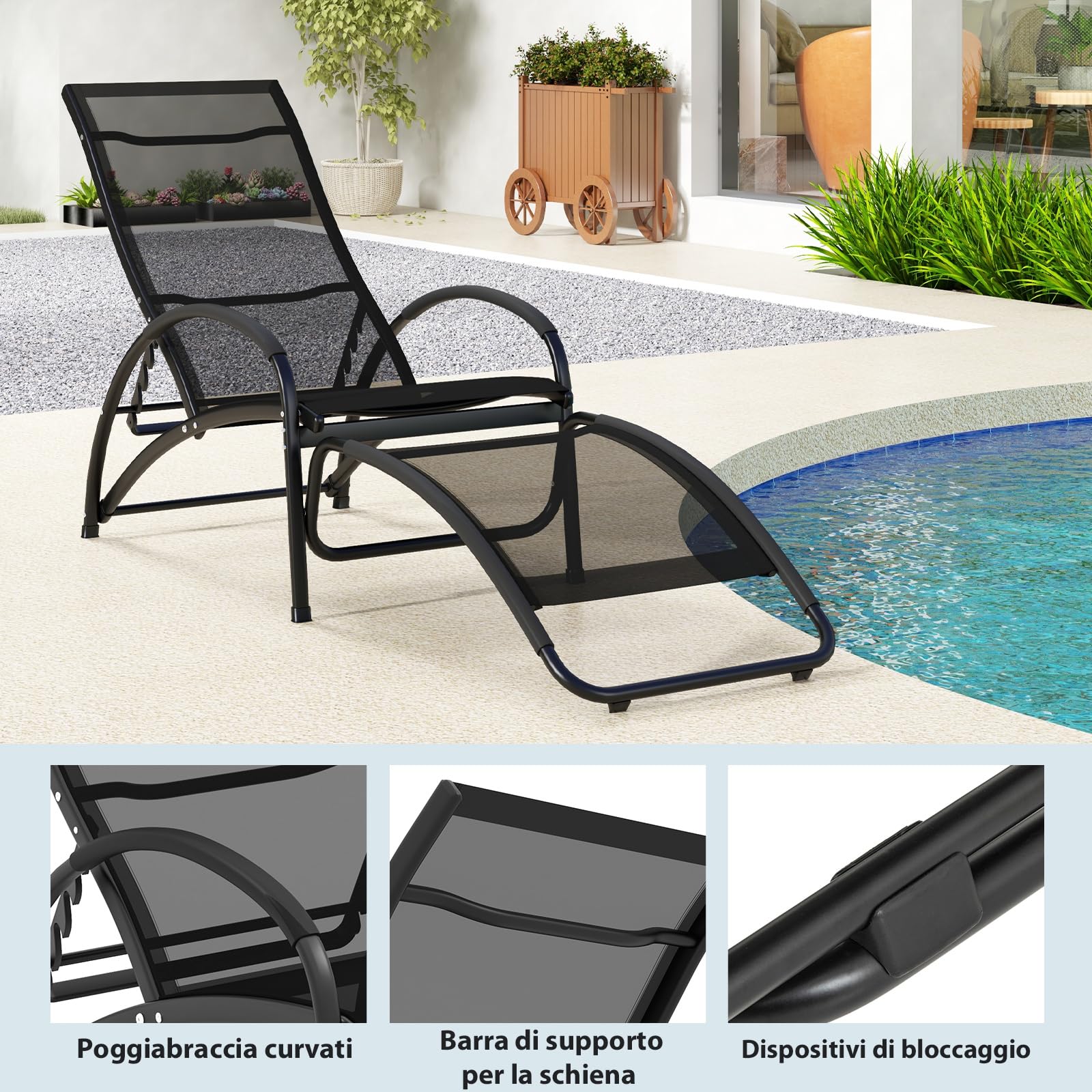 COSTWAY Sedia a Dondolo 2 in 1 da Giardino, Lettino Prendisole Convertibile con Schienale Regolabile a 4 Posizioni, Braccioli Curvi e Telaio in Alluminio, per Patio e Piscina, Portata 150 kg (Nero)