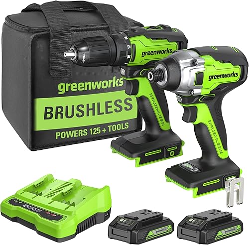 Greenworks Taladro / controlador de 24 V sin escobillas de 310 pulgadas/libras + kit combinado de destornillador de impacto de 2650 pulgadas/libras,