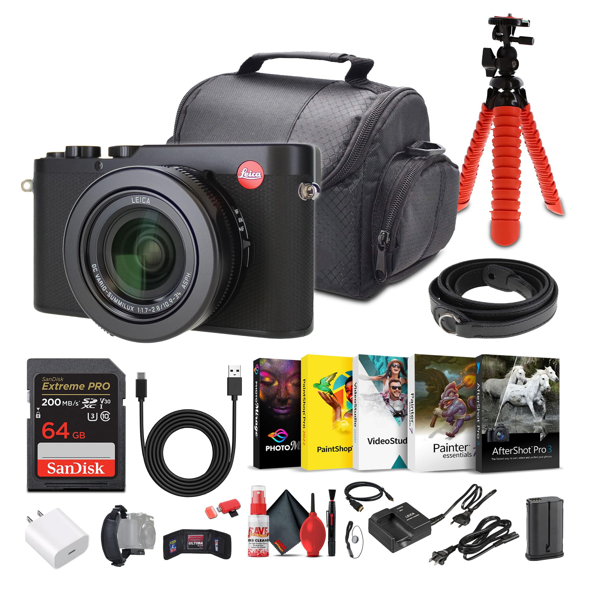 Leica D-Lux 8 Compact Digital Camera, 17MP 4/3" CMOS Sensor (19191) + 64GB Memory Card + Photography Software + Camera Bag + Flexible Tripod + Cleaning Kit + USB-C Cable + USB-C Adapter + More
