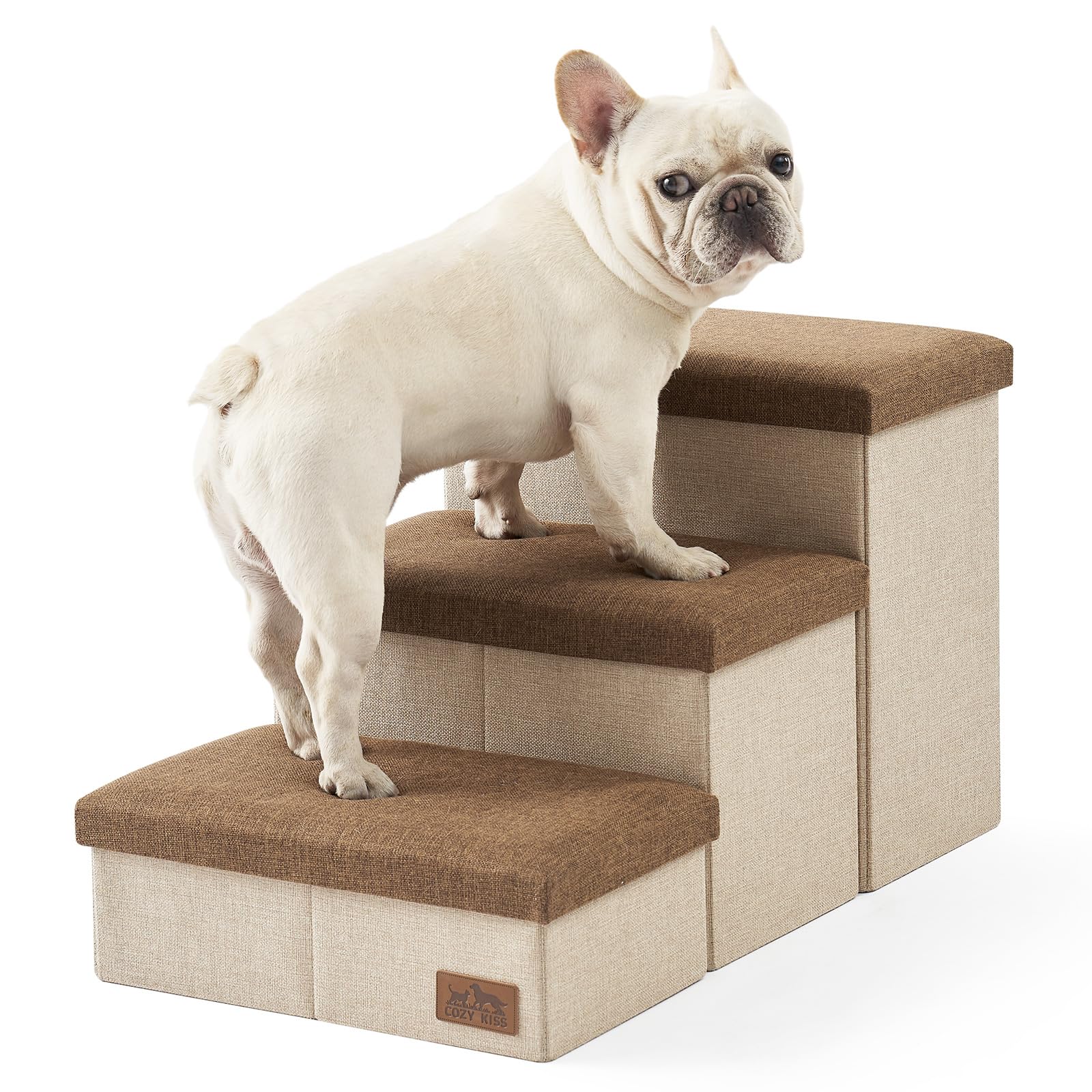 COZY KISS Escalera para Perros Pequeños con Almacenamiento, Plegable Rampa para Perros con Tapa a Prueba de Fugas, Paso para Mascotas Mayores para Silla Sofá, Ligero, Confort (Marrón, 43x72x42.5cm, 3)
