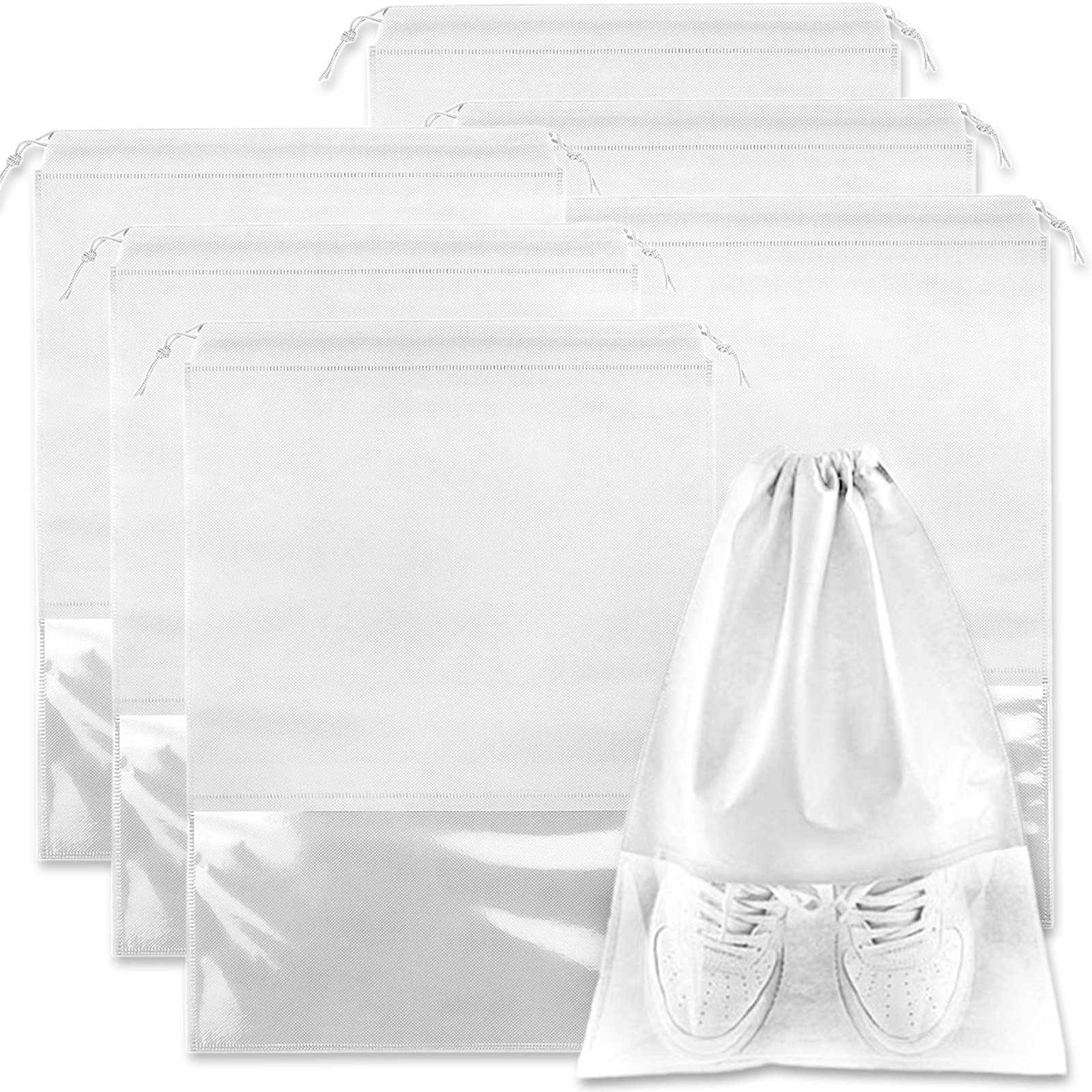 Acehome6 Pack Large Travel Shoe Bag, Portable Drawstring Shoes Storage Bags Non-Woven Dust Proof Pouch Space Saving Organizer with Transparent Slot for Men Women Daily and Travel Use (White)