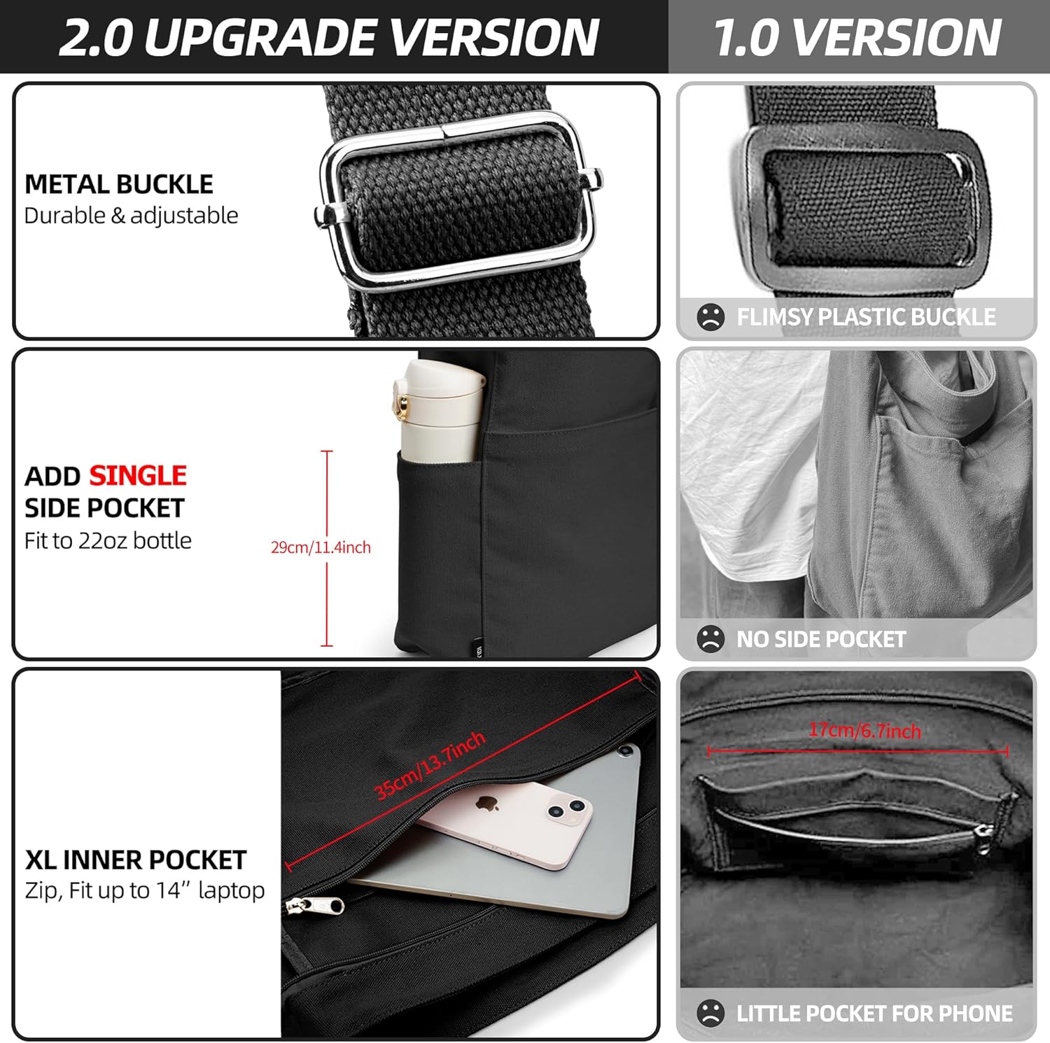 KALIDI Canvas Tote Bag Large Hobo Crossbody Shoulder Handbag Zipper Messenger Bag for Women or Men Casual College Work - Image 8