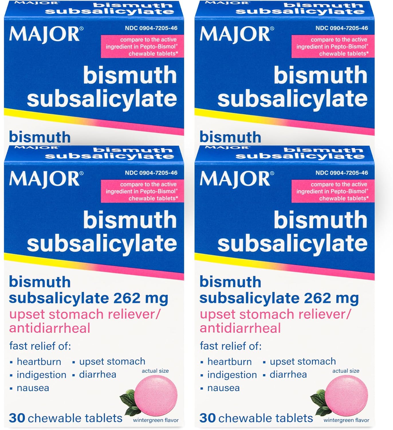 MAJOR Bismuth Subsalicylate 262 mg Chewables - Offers Heartburn, Indigestion, Nausea, Diarrhea, and Upset Stomach Relief - Anti-diarrheal - 30 Chewable Tablets (4 Pack)