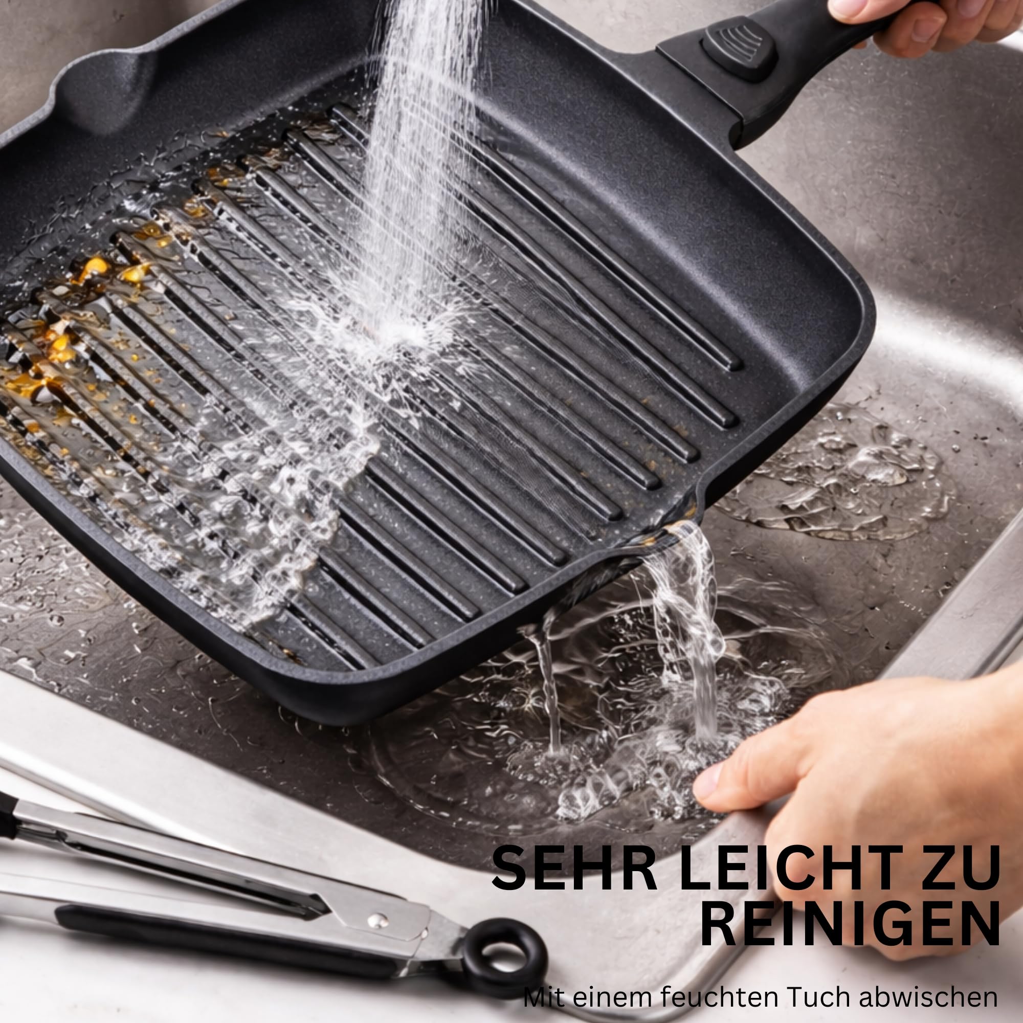 Stone&Stone Grillpfanne Induktion 28 cm Quadratisch Antihaft mit Abnehmbarem Griff, Deutsche Keramikbeschichtung, Vollstahlboden, Für Gas und Backofen, PFAS-, PFOA- und PTFE-frei