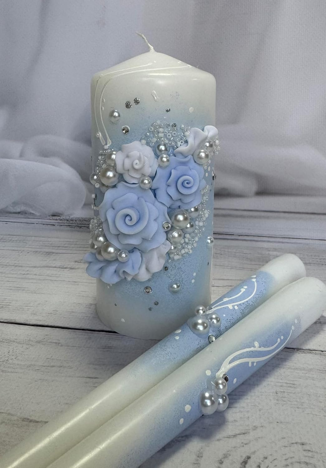 Unity Candle Set - Wedding Ceremony & Reception – 6” Pillar & Two 10” Taper Candles – Long Burning Unity Candles for Marriage Ritual – Handmade in USA – White | Sky Blue