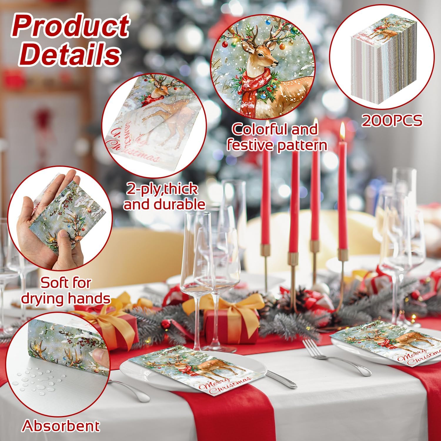 Vimorco 200 pcs 2 Ply Disposable Napkins,Elegant Decorative Hand Towels Guest Paper,Soft Absorbent Durable Napkins for Kitchen, Christmas,Cocktail,Bathroom, Weddings,Parties,Dinners or Events,Deer