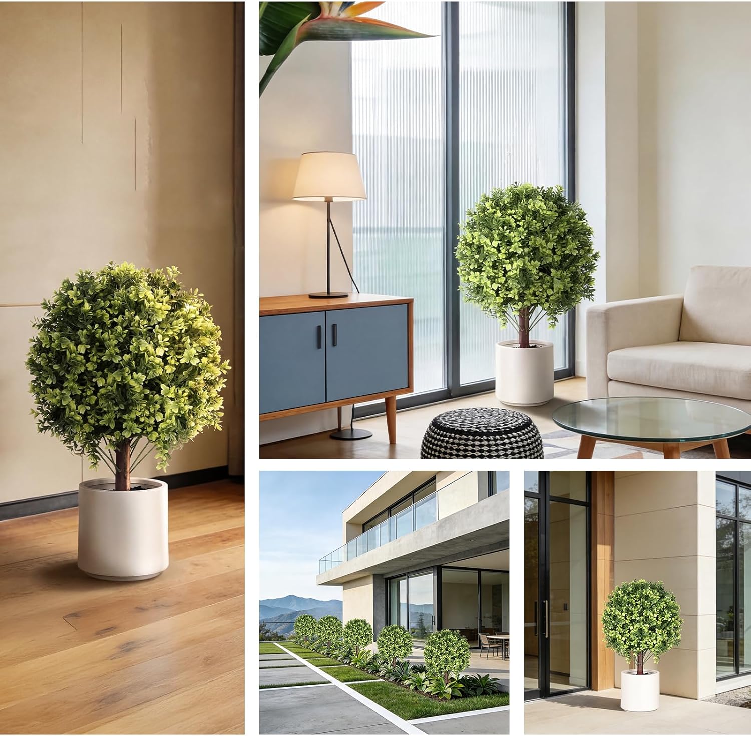 2 Pack 26 Inch Artificial Topiary Ball Trees with Ground Spikes, UV Resistant Fake Outdoor Plants for Front Door Porch Patio Garden, Faux Boxwood Shrubs for Entryway Home Decor