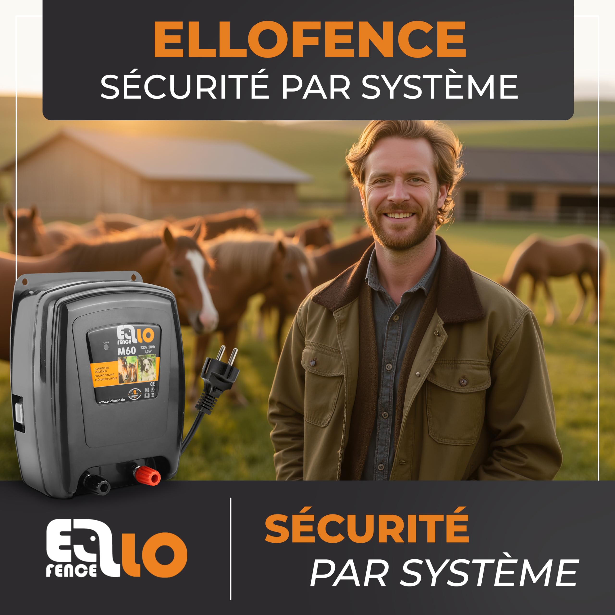 Électrificateur clôture électrique 230 V secteur (M60) – Extra puissant & silencieux – Appareil premium pour animaux domestiques et d’élevage – Avec indicateur de contrôle de clôture
