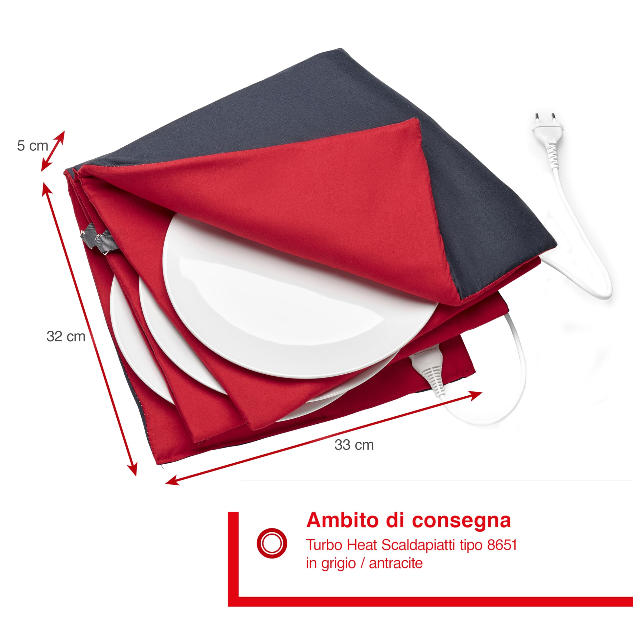 Solis Turbo Heat - Scalda piatti elettrico, 32 cm, per fino a 10 piatti, accessori da cucina per mantenere al caldo e servire cibo, piastra elettrica con timer, morbido e doppio isolamento, rosso