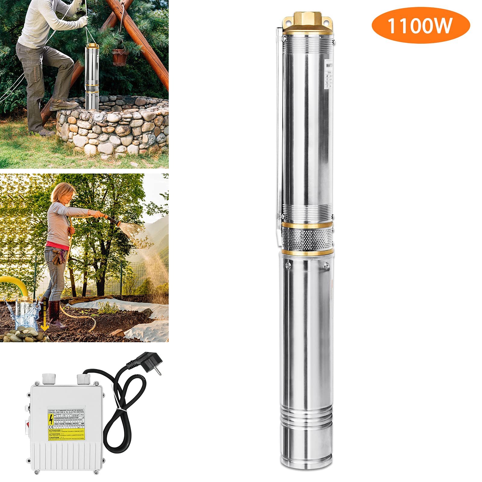 Froadp 4 Pollici Pompa Sommersa in Acciaio Inox per Pozzo, 220V Elettropompa con 20m Collegamento Cavo e Controllo Scatola, 4000L/h Pompe a Immersione per Laghetti da Giardino Fontane (1100W(1.5hp))