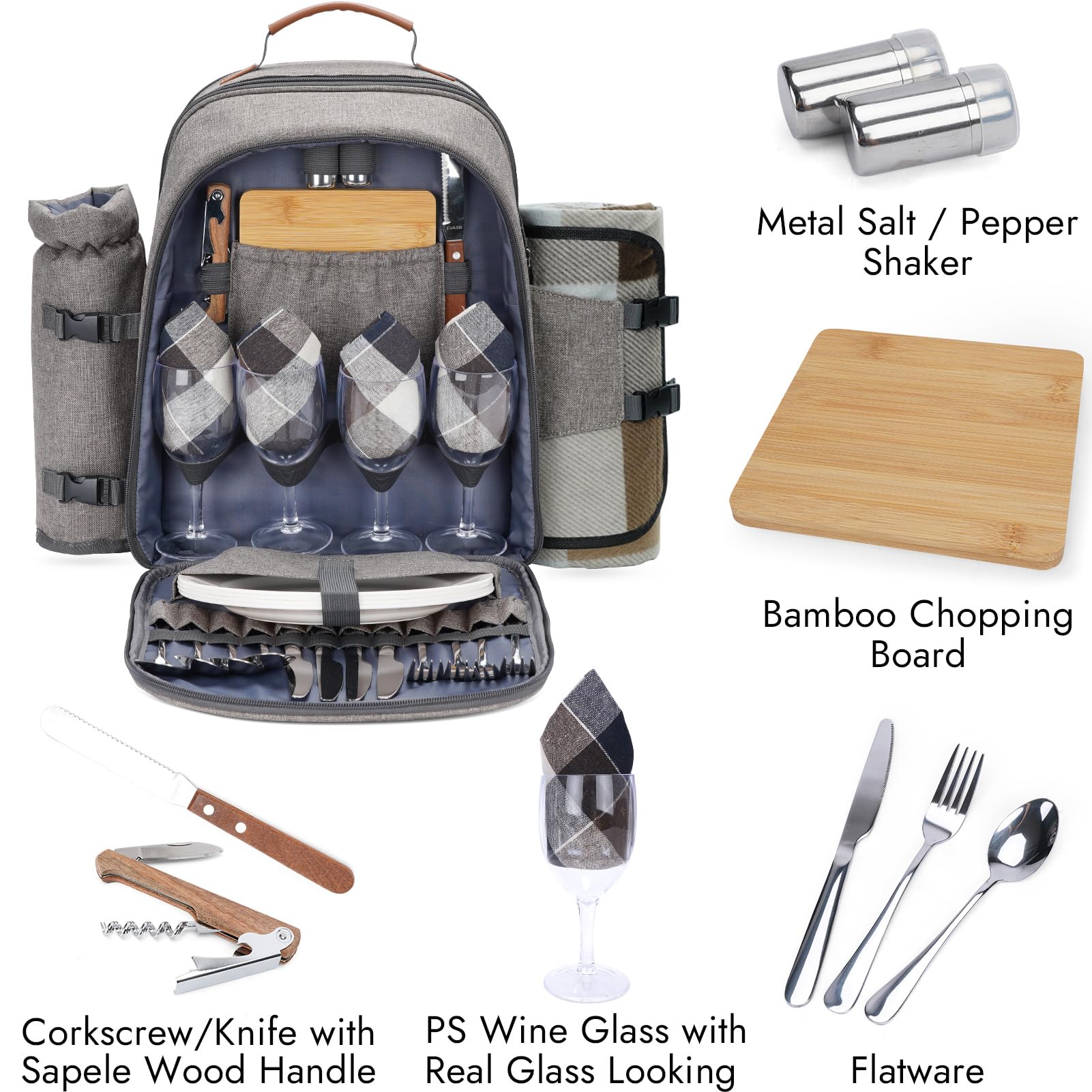 HappyPicnic Mochila de Picnic aislada para 4 Personas con Juego Completo de vajillas, Compartimento de Nevera Muy Espacioso, portabotellas y Alfombra de Picnic Impermeable Grande
