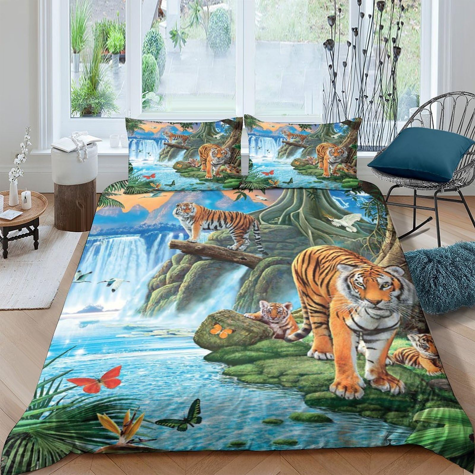 GPLZQXKJNH 3D Printed Jungle Tiger Duvet Cover Microfiber Soft Breathable Waterfall Forest Bedding Set with 2 Pillowcases for Bedroom Home Single（135x200cm）