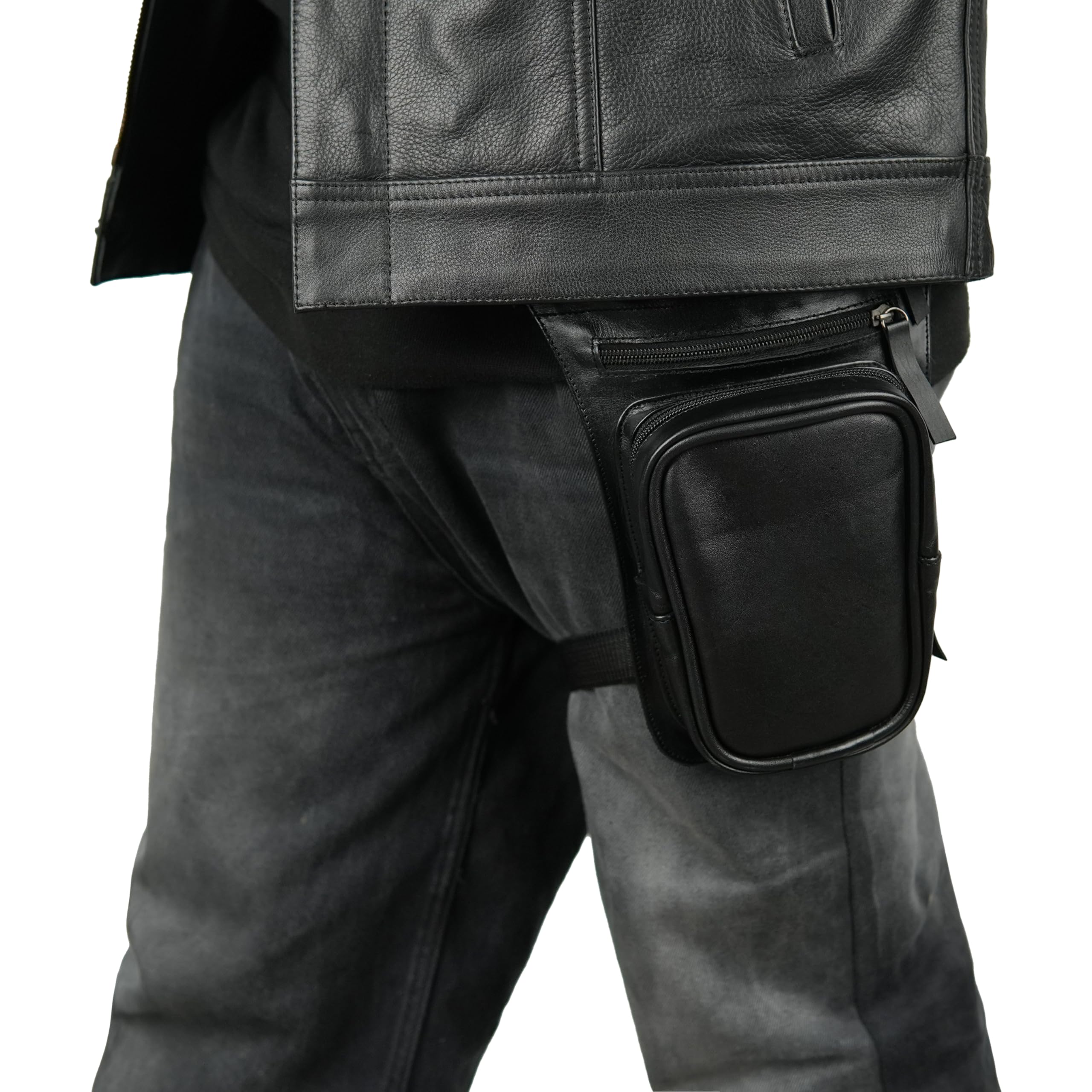 Leatherick Borsa da gamba in pelle - Pelle bovina anilina con cinghie regolabili, design multitasche e chiusure con cerniera