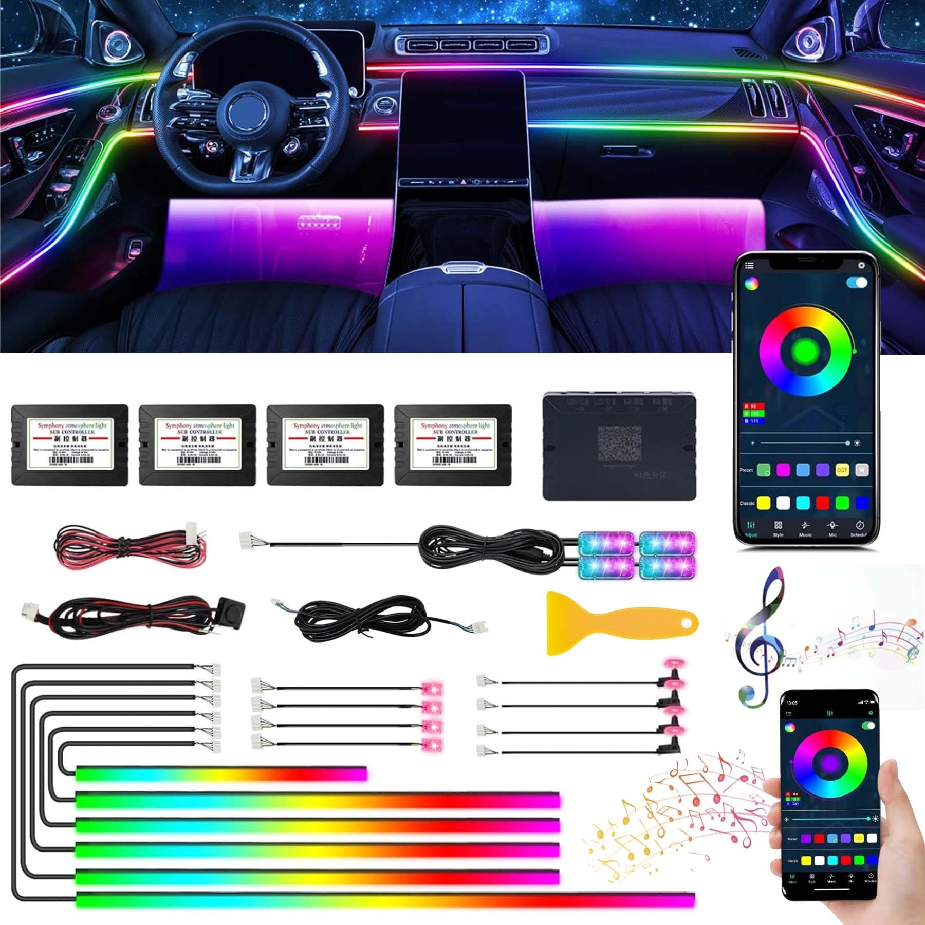 Kit Luce Ambientale per Auto, Striscia LED RGB Interni, 18in1 con APP e Telecomando, Illuminazione Fredda