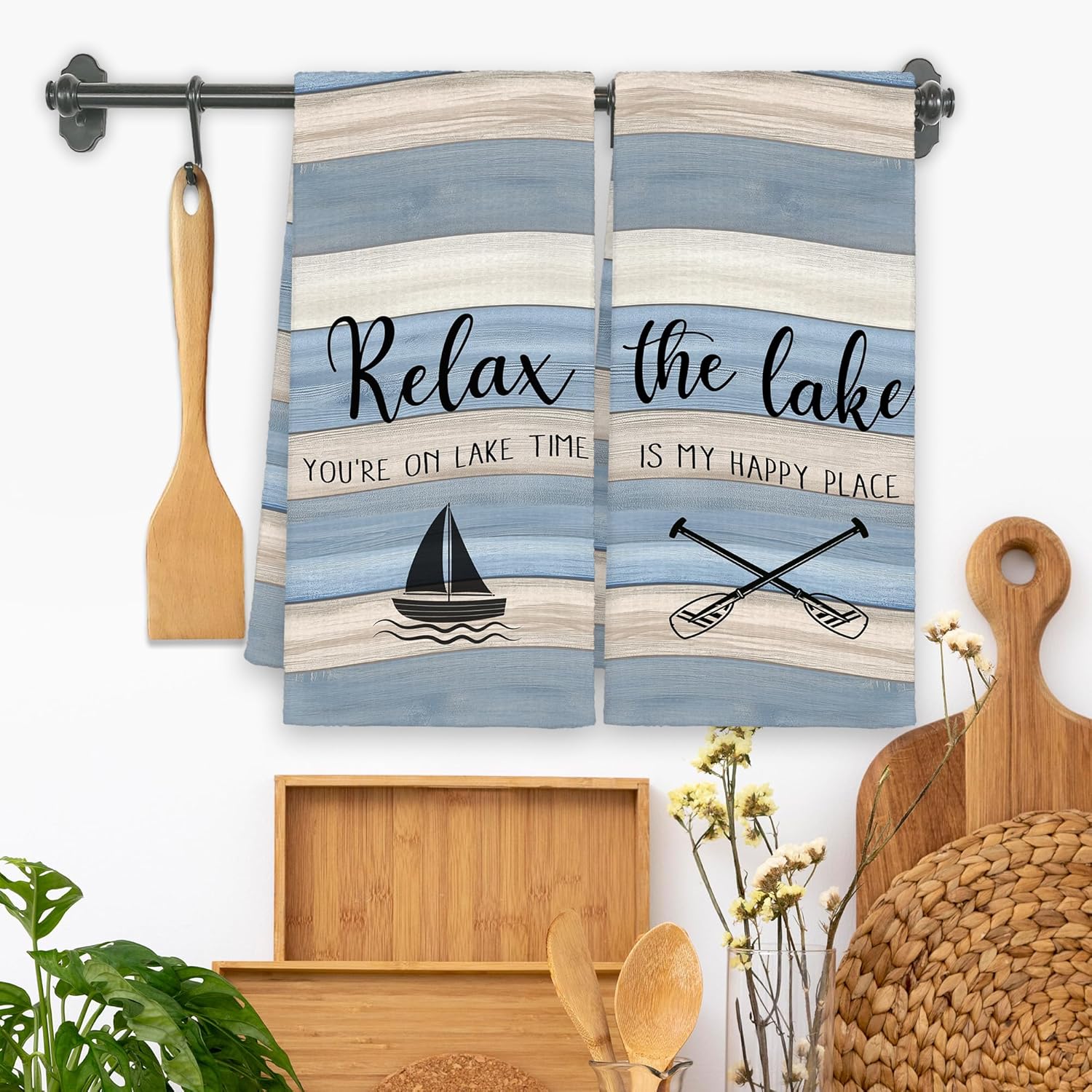 Lake Boat Kitchen Towels Gifts Set of 2, Funny Paddles Oars Hand Towels for Bathroom, Rustic Decorative Dish Towels Decor for Lake House 16x24in - Image 2