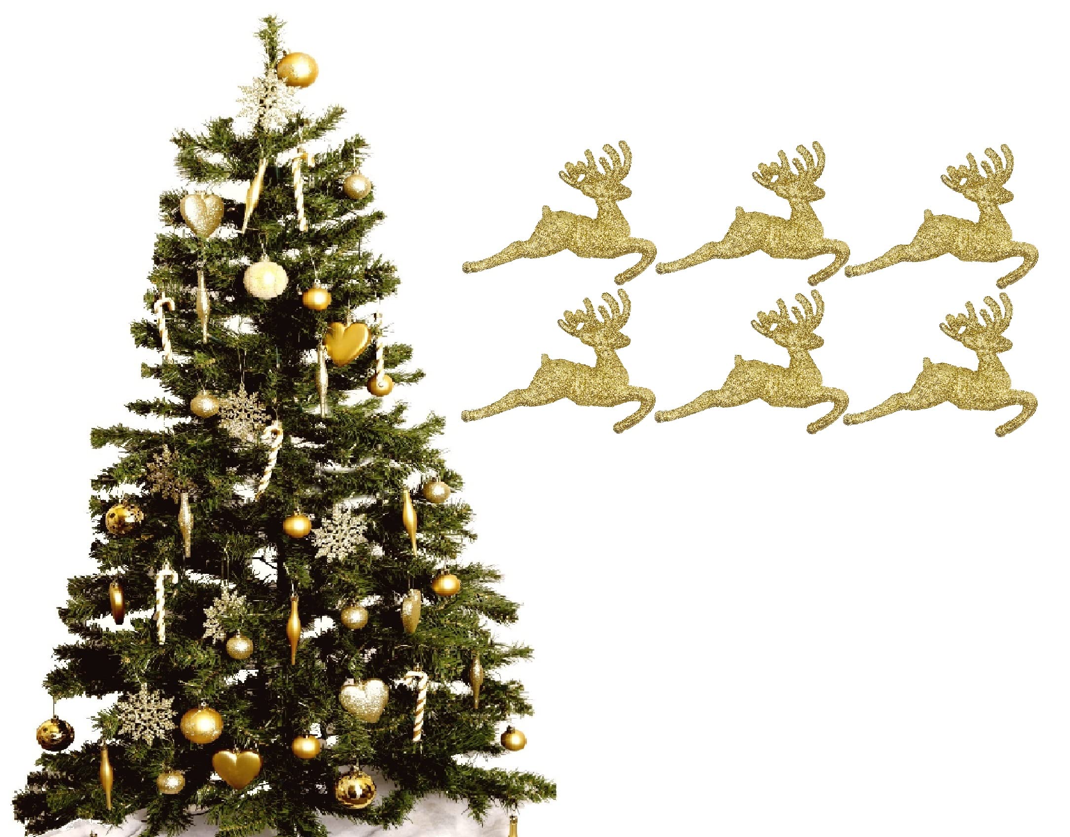 Pack of 6 - Hanging Glitter Reindeer Christmas Tree Decorations - 2.2cm x 9.5cm (Gold)