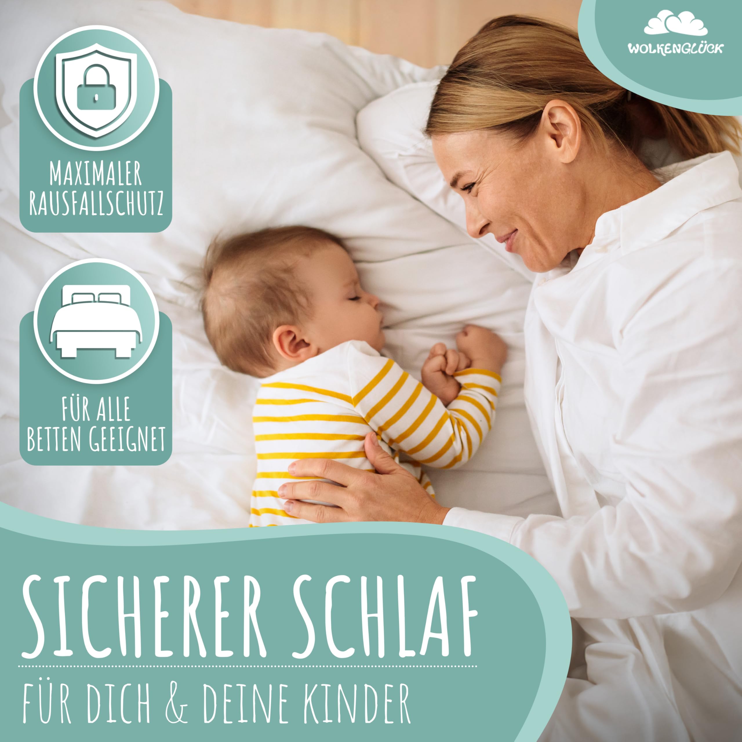 WOLKENGLÜCK® Aufblasbarer Rausfallschutz Bett [150 cm] - Bettkantenschutz für Babys & Kinder - geeignet für alle Betten - inkl. Luftpumpe [ideal für die Reise]