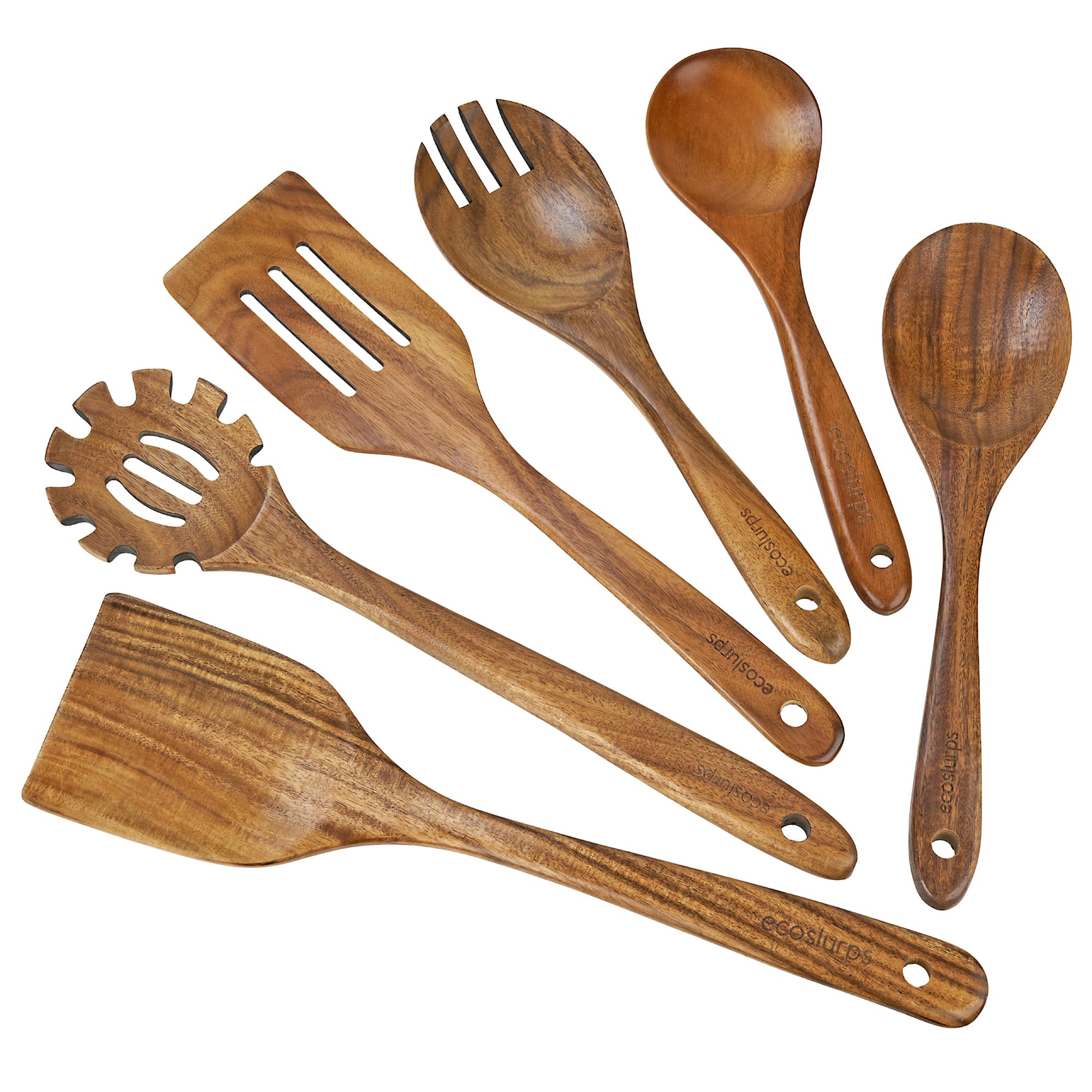 EcoSlurps Premium Teakholz Küchenhelfer Set - 8 Kochutensilien aus Holz, Löffelablage und Aufbewahrungshalter, 8 Haken zum Aufhängen, insgesamt 18-teiliges Luxus-Geschenkset (18)