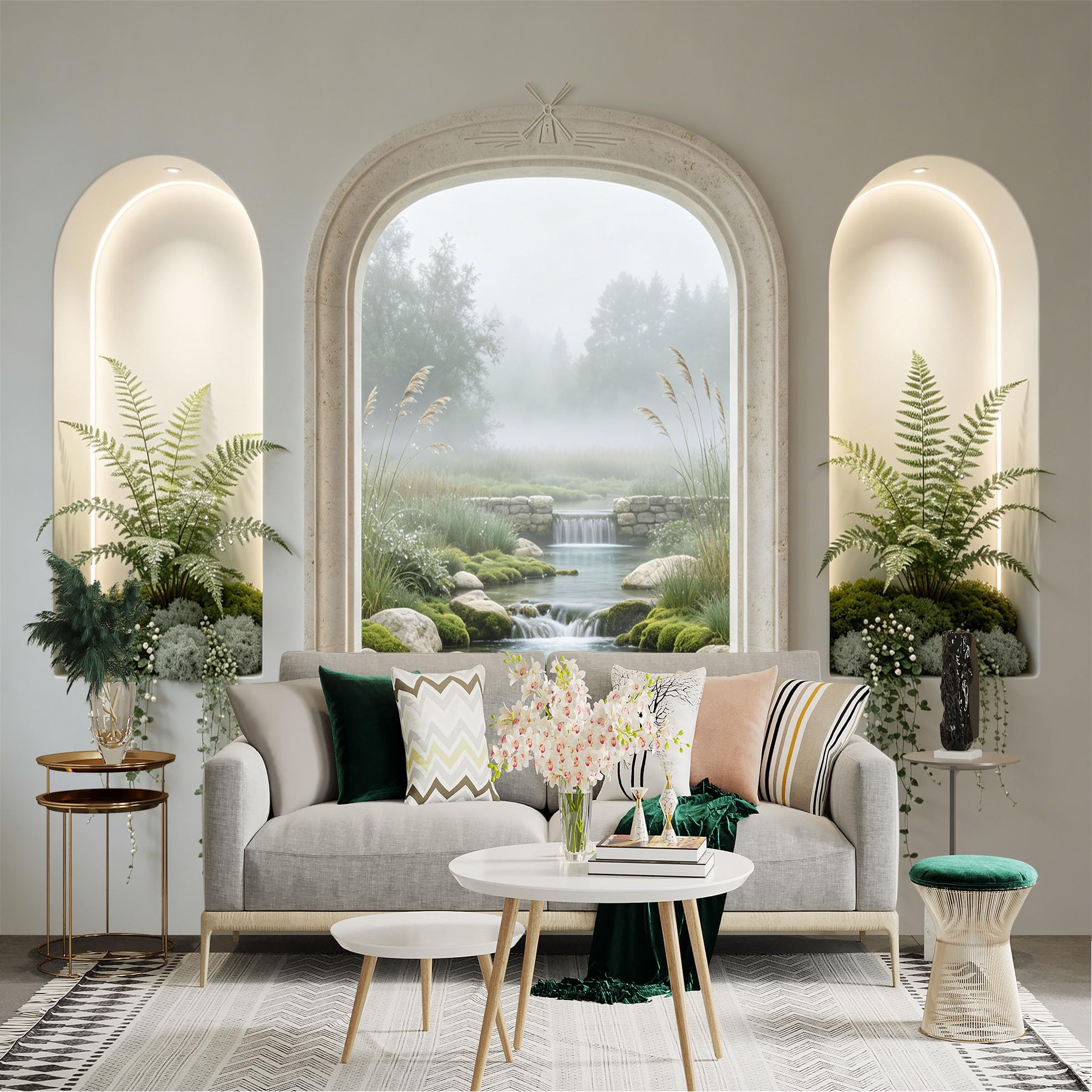 Lnzczhyre Dbh260521132 Custom Size Wall Sticker Mural， Arch Window With Misty Stream， Stone Waterfall， Lush Greenery， For Wall Decoration， Peelandstick Wall Decals.