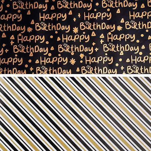 Miniatura 7 de LeZakaa Rollo de papel de regalo reversible, letras de feliz cumpleaños y rayas negras doradas metálicas, papel de regalo para niños, fiesta de