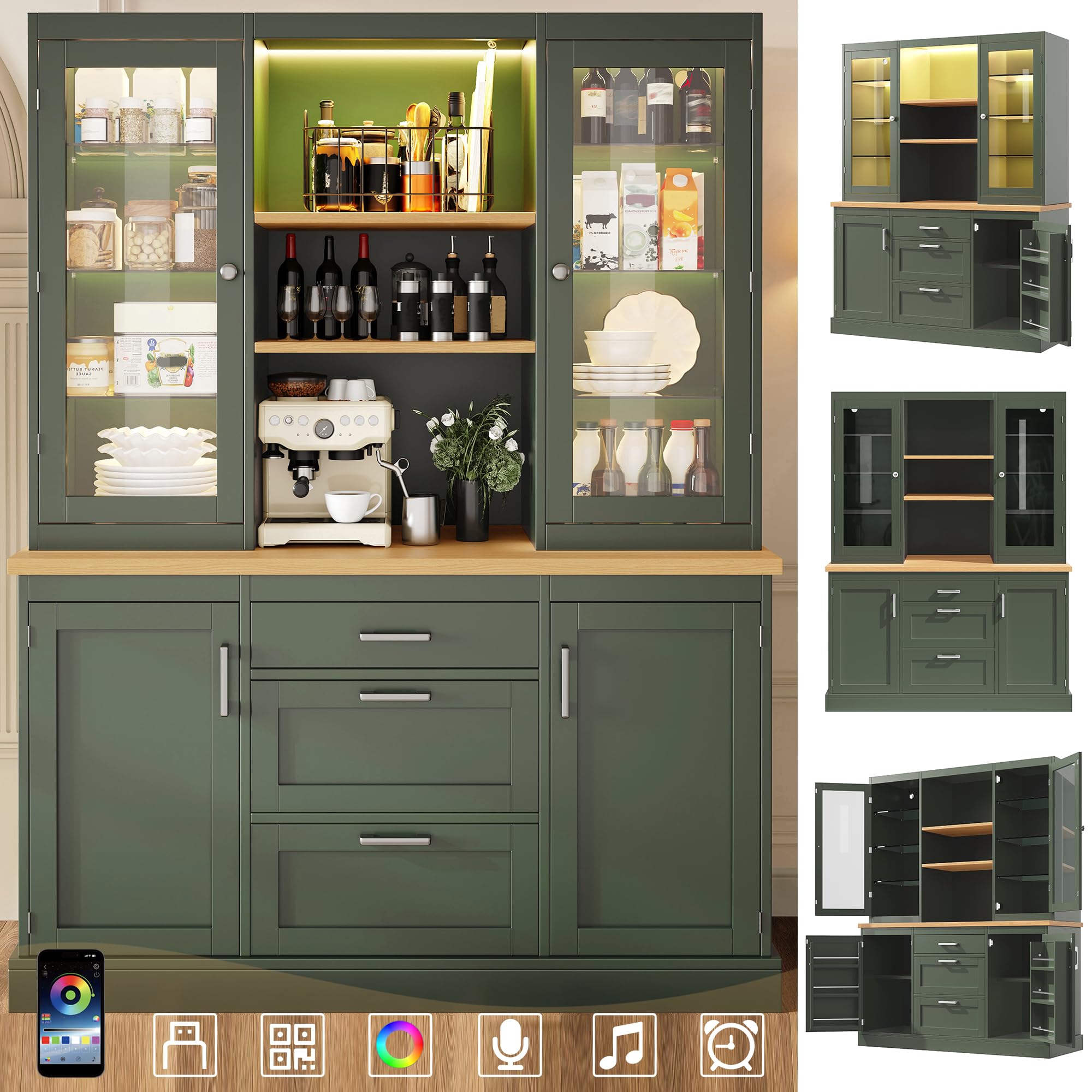 Armadio alto, buffet, armadietto da cucina, vetrina, credenza, armadietto per vino con illuminazione controllata, 3 cassetti, piano di lavoro, ripiani regolabili, 140 x 40 x 185 cm (verde)