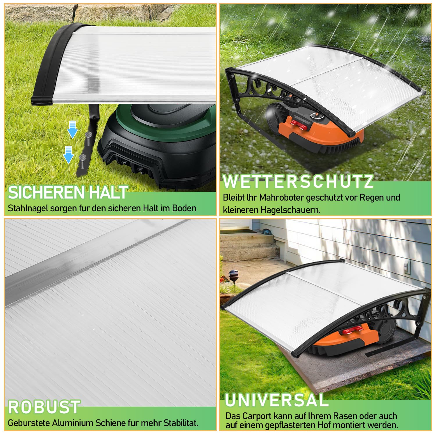 Daromigo Mähroboter Garage Dach Carport für Rasenmäher Rasenroboter Automower, 105x85x45cm, Rasenroboter Garage für Garten Witterungsbeständig UV Schutz, Mährobotergarage mit Metallfüßen, Transparent