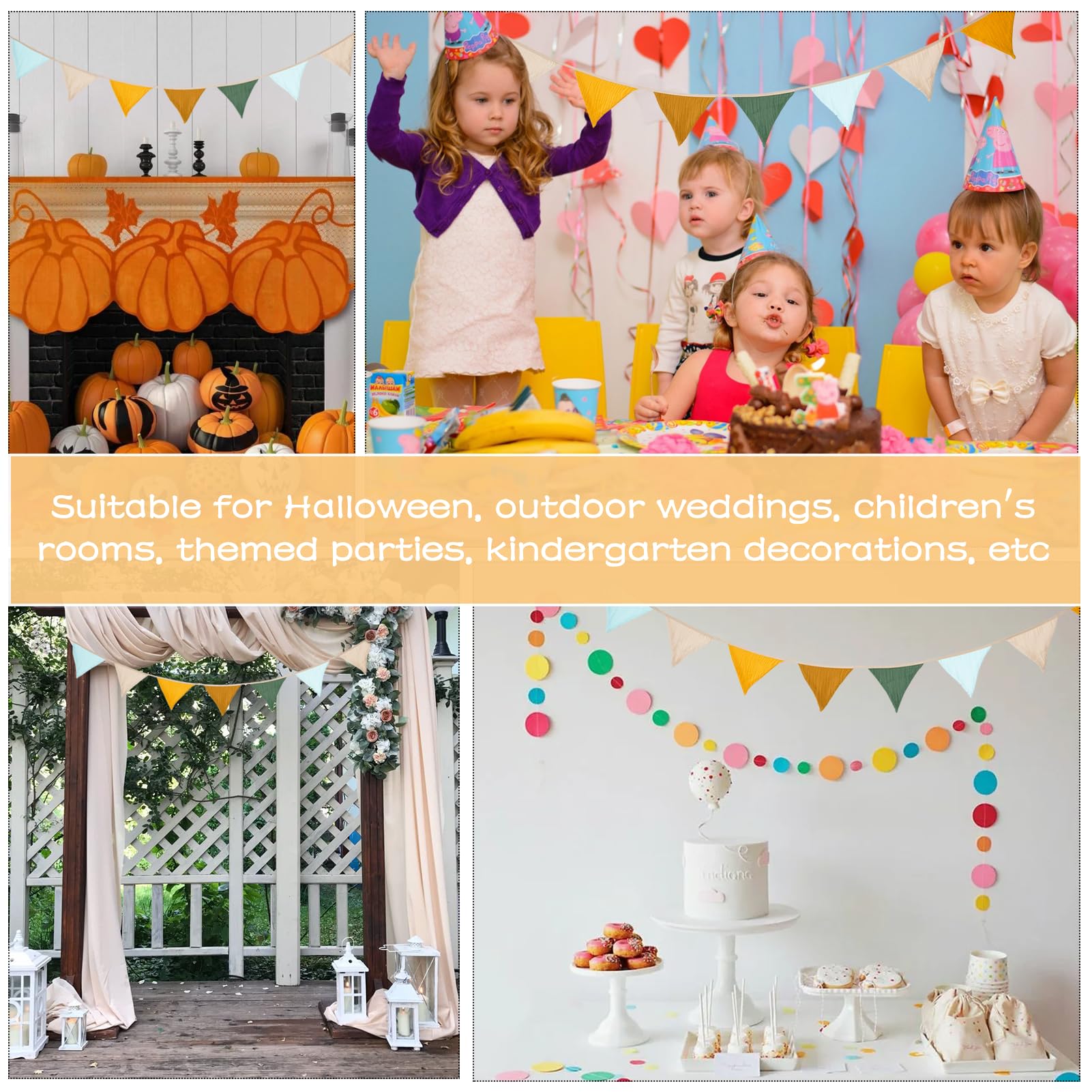 Bandierine Decorazione Cameretta Bambini - Mussola Cotone, 2.6 M, 10 Pezzi, Triangoli Colorati