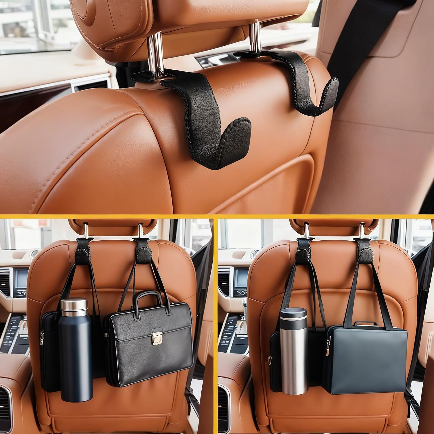 Purse Hook for Car, Car Purse Hook Black Leather, Car Accessories Organizer, Car Organizer for Back Seat, Essential Car Hooks for Hanging Bags and Coats (4, Black, Style-C) image 4
