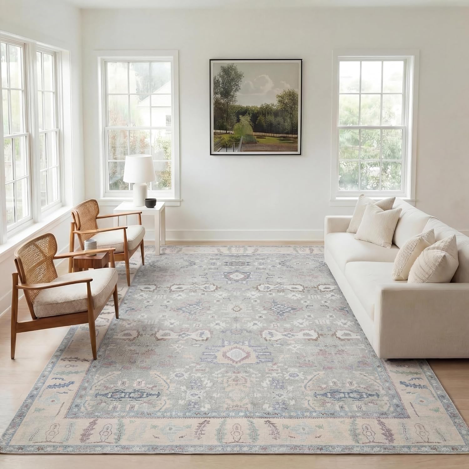 Kuden 8x10 Large Area Rug, Machine Washable Area Rug with Non-Slip Backing, Vintage Style, Soft, Easy Clean, Low Pile Rug for Living Room, Bedroom, Dining Room